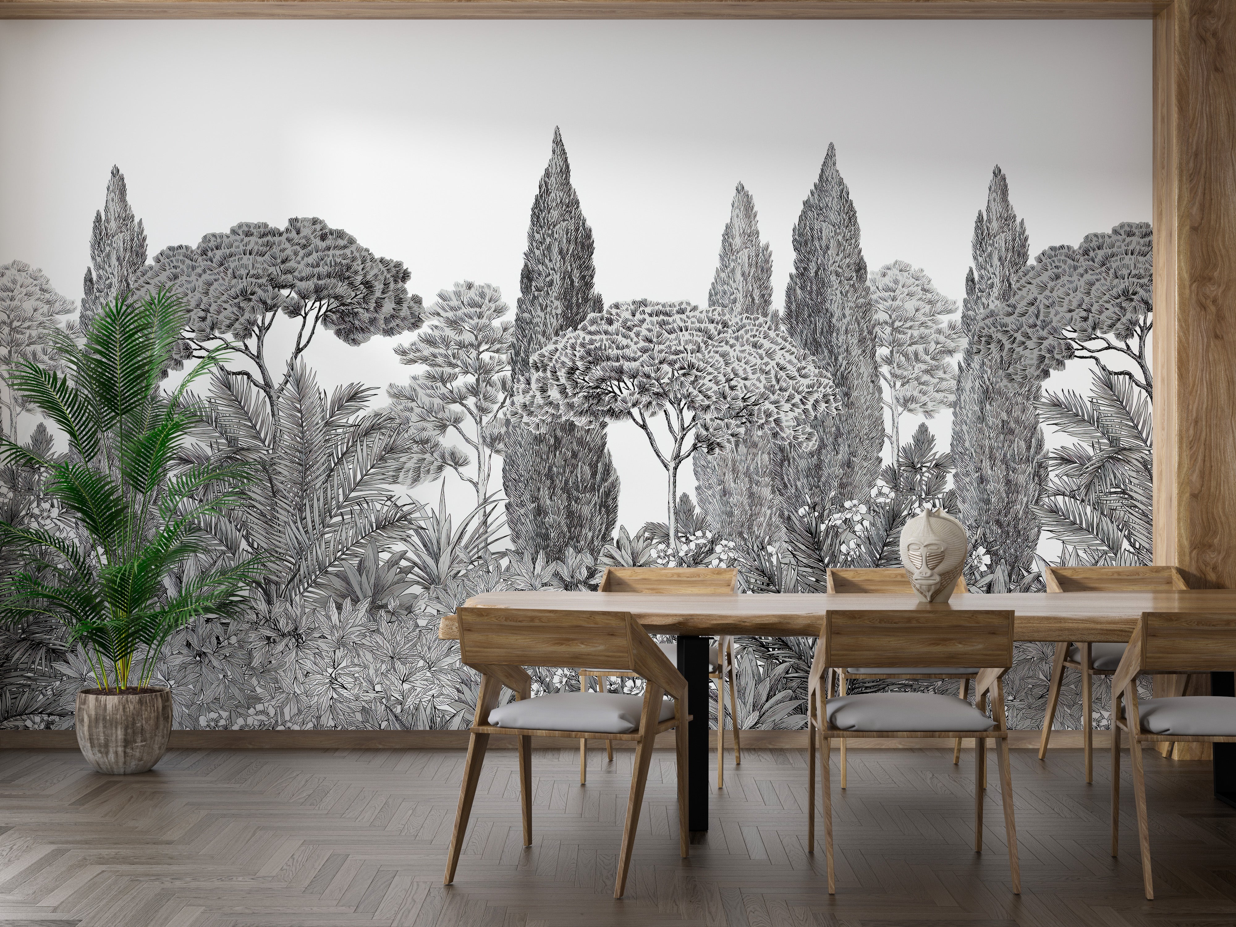 Gray deodar trees wallpaper mural design
