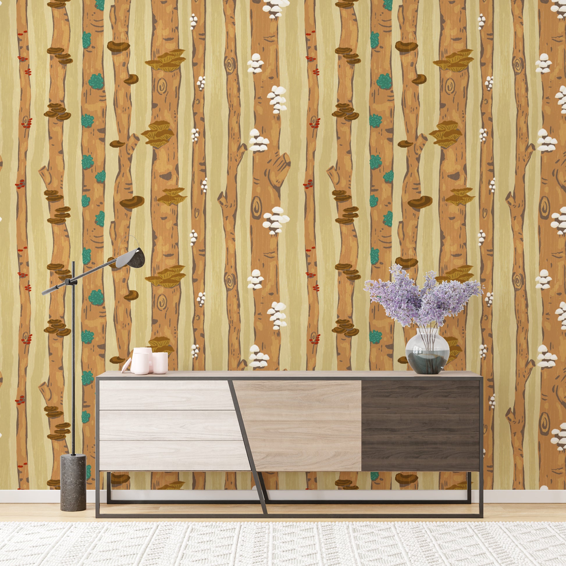 Nature-inspired mushroom tree trunk wallpaper for serene decor.
