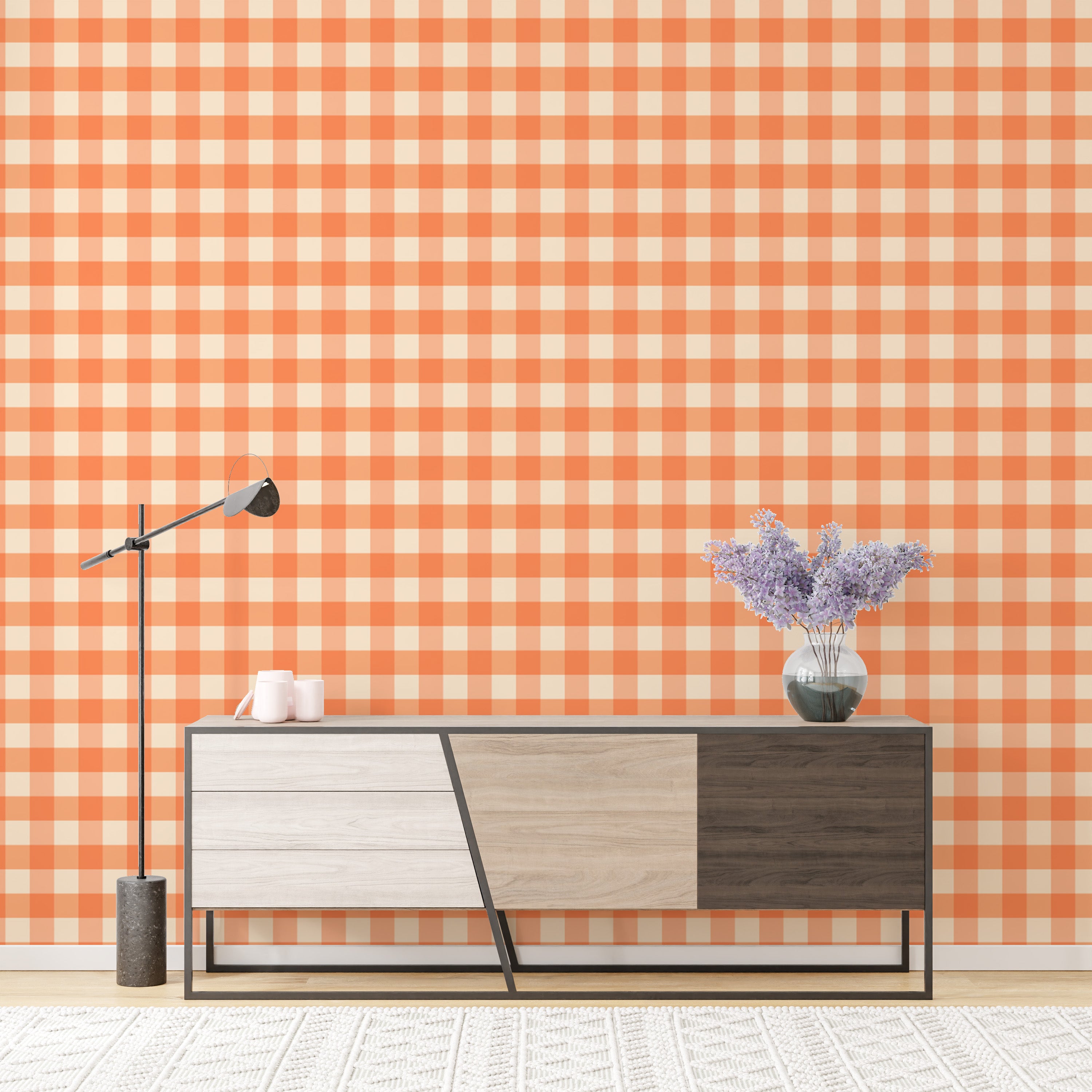 Playful peach gingham wallpaper for cheerful and fun spaces.
