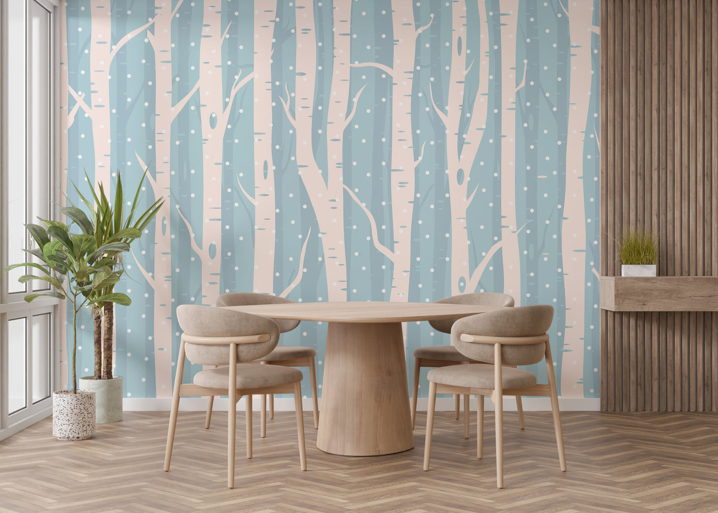 Snowy forest mural with serene blue tones