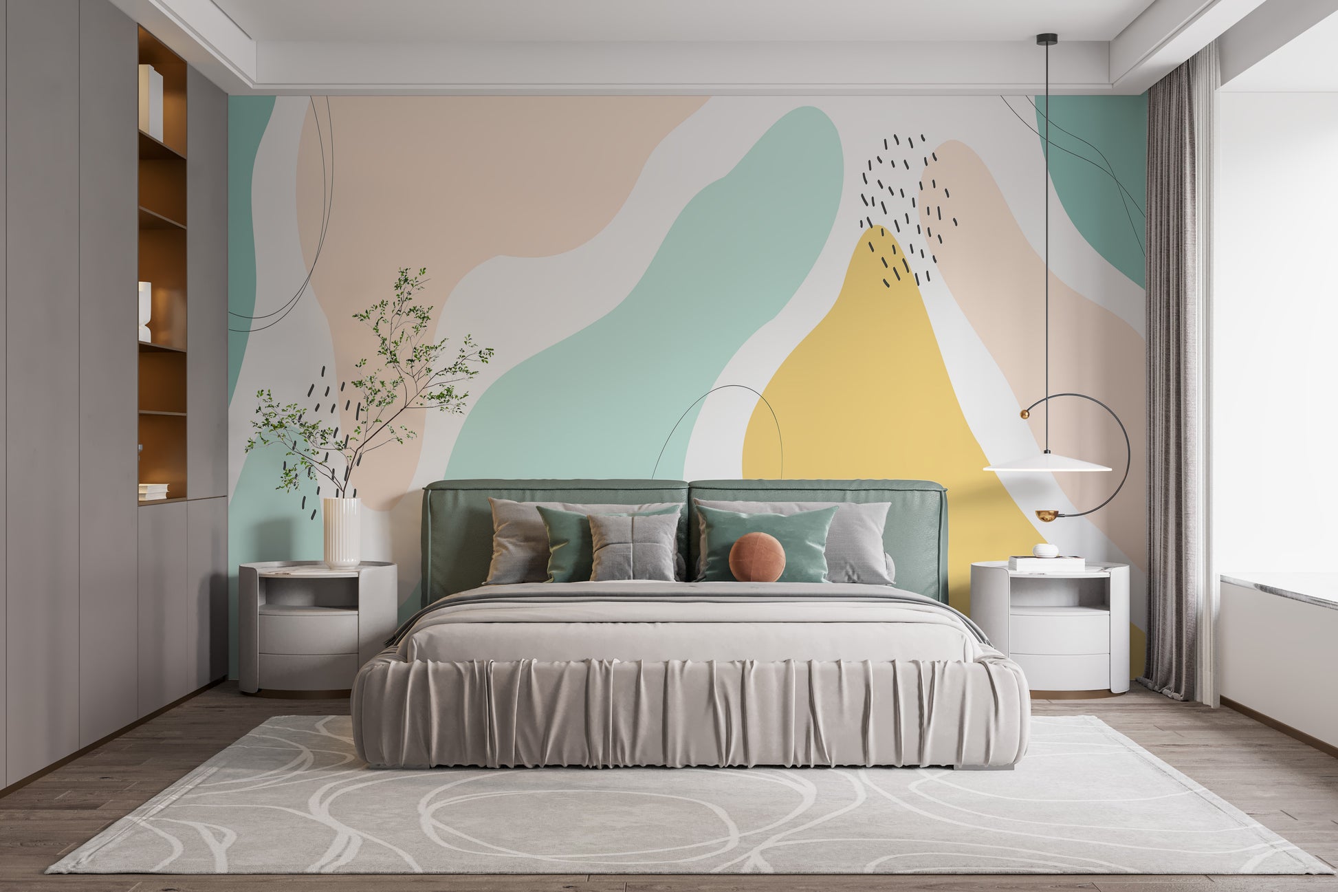 Soft pastel abstract mural with curves.