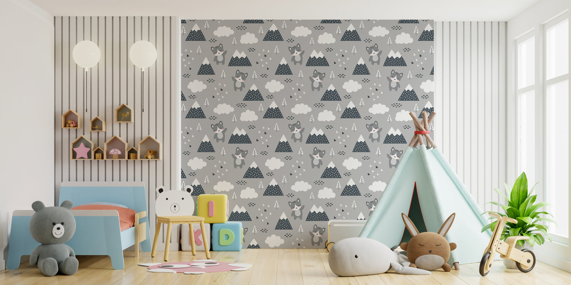 Cartoon kitty and trees wallpaper mural