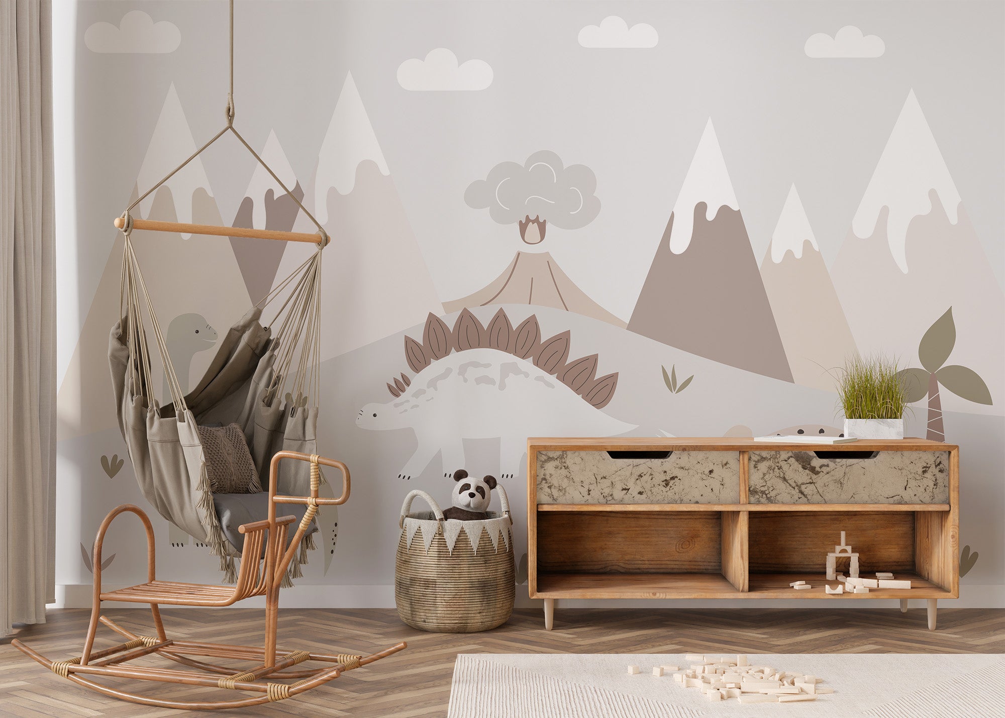 Soft-colored mural for dinosaur-themed nursery
