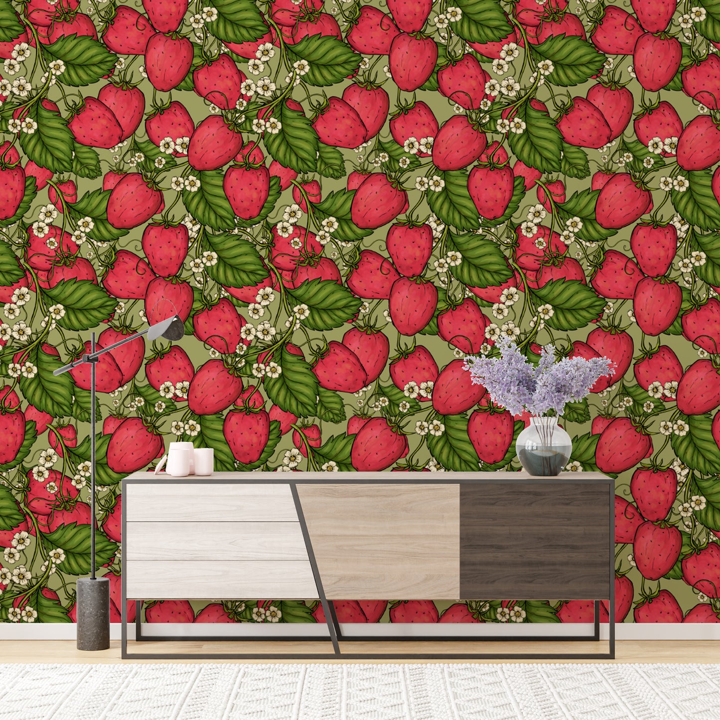 Delicate pink strawberry forest wallpaper for a dreamy, airy touch.
