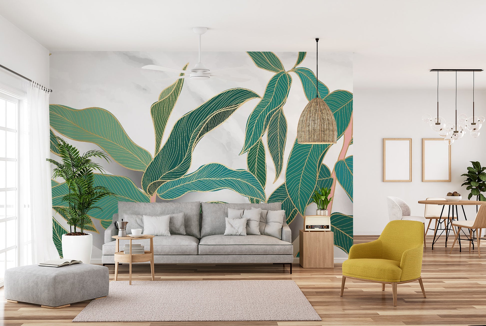 Tropical Gold Rimmed Leaves Mural for interiors