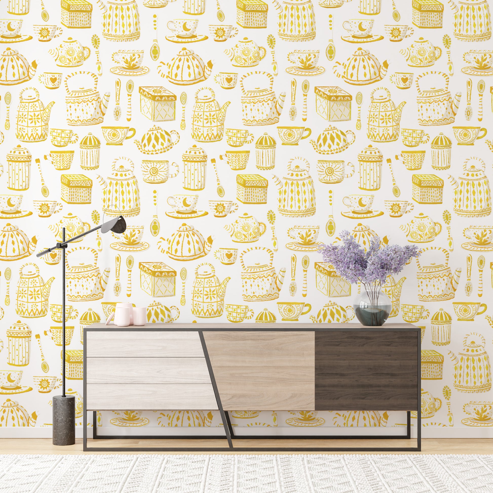 Stylish yellow tea set wallpaper for tea lovers' decor.
