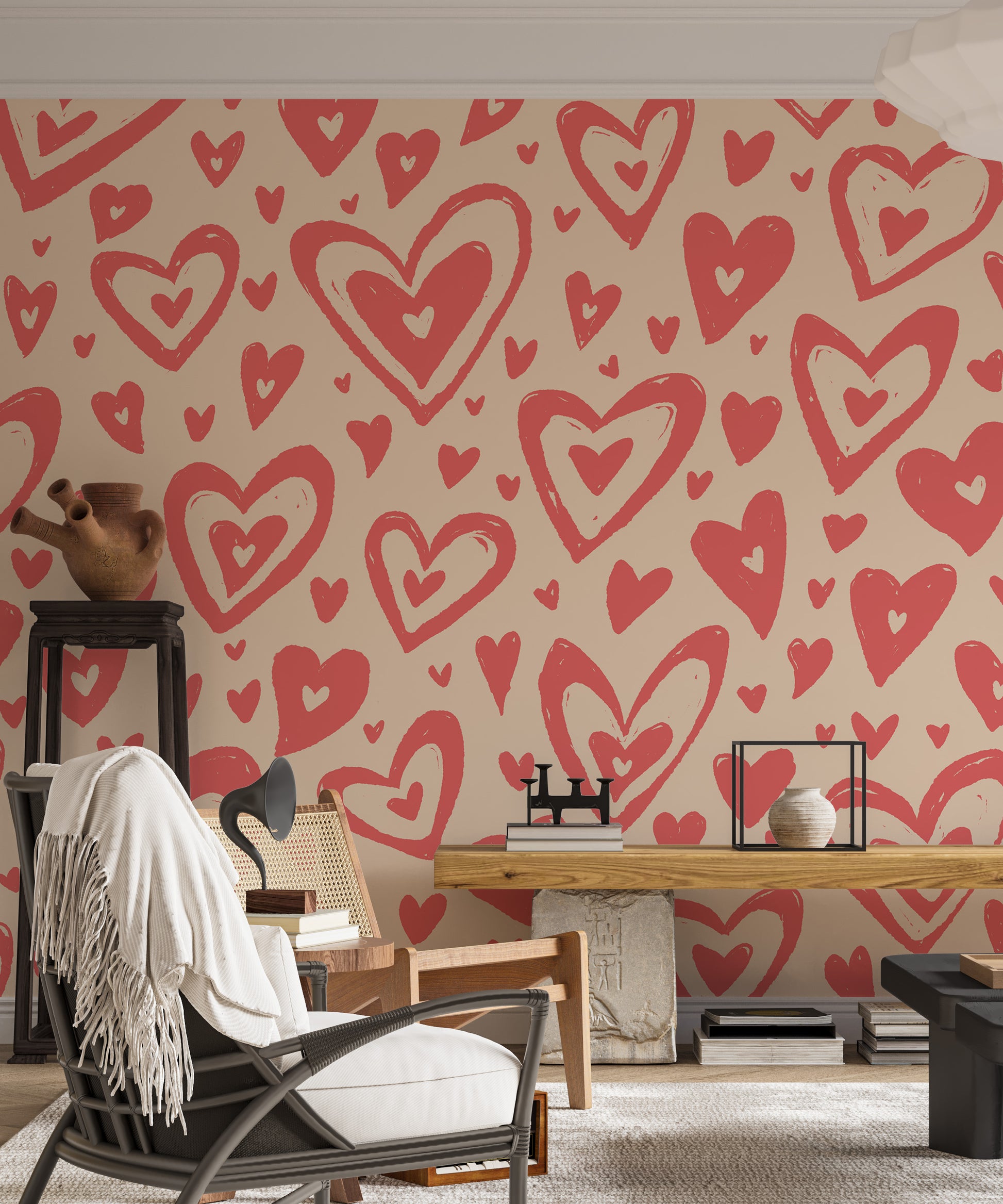 Sweet pink hearts wallpaper mural for a romantic wall design.
