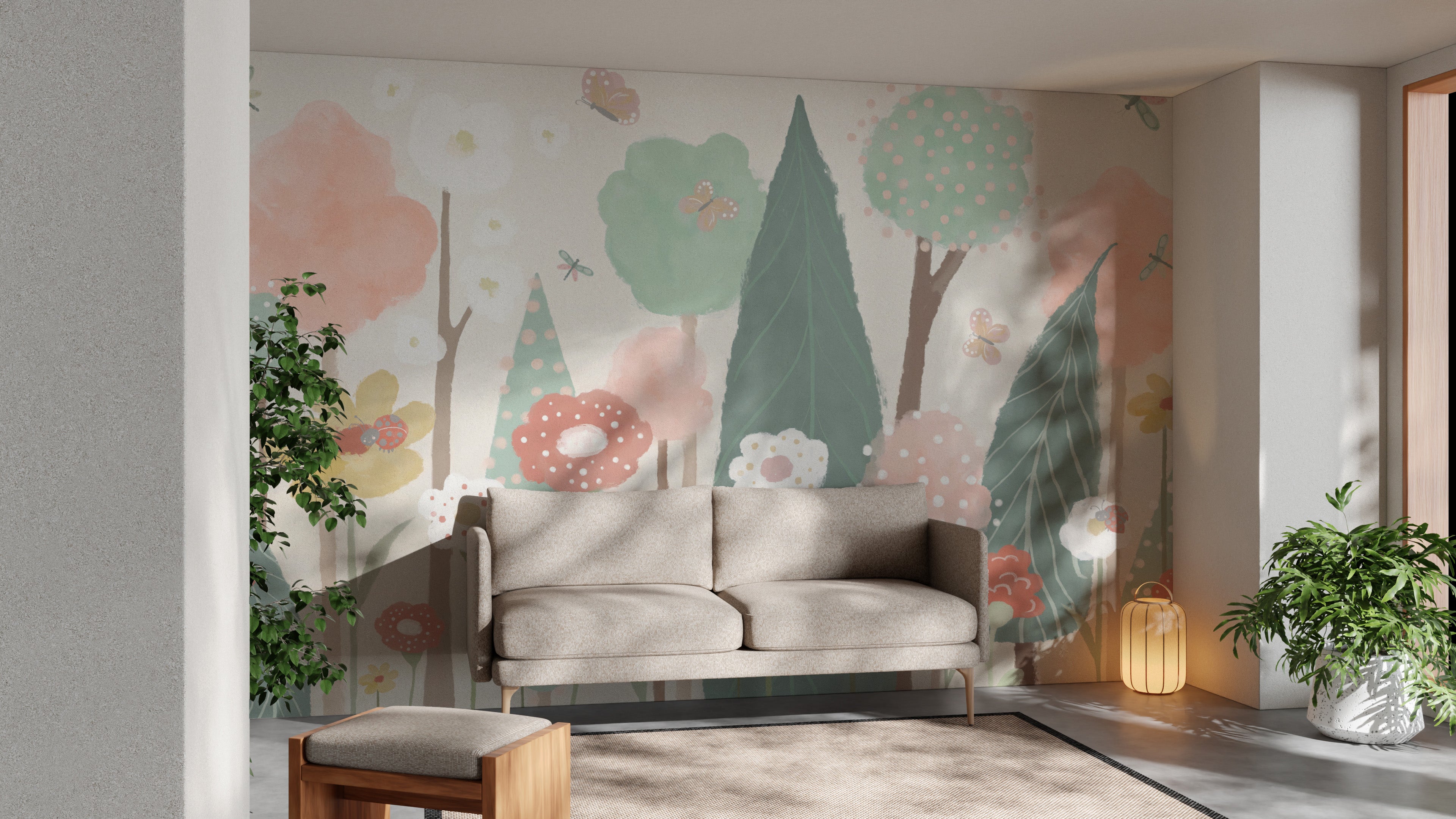 Watercolor floral trees mural adds charm to any space.
