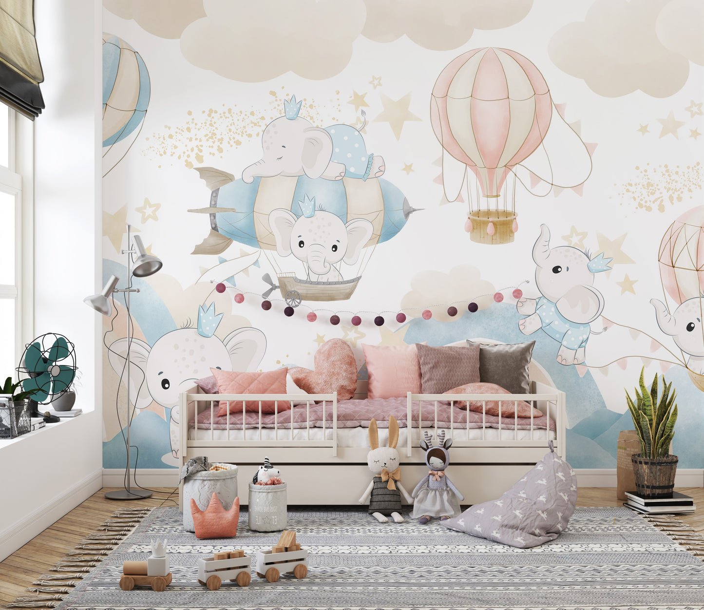 Baby Elephant Sky Adventure Mural for kids' rooms