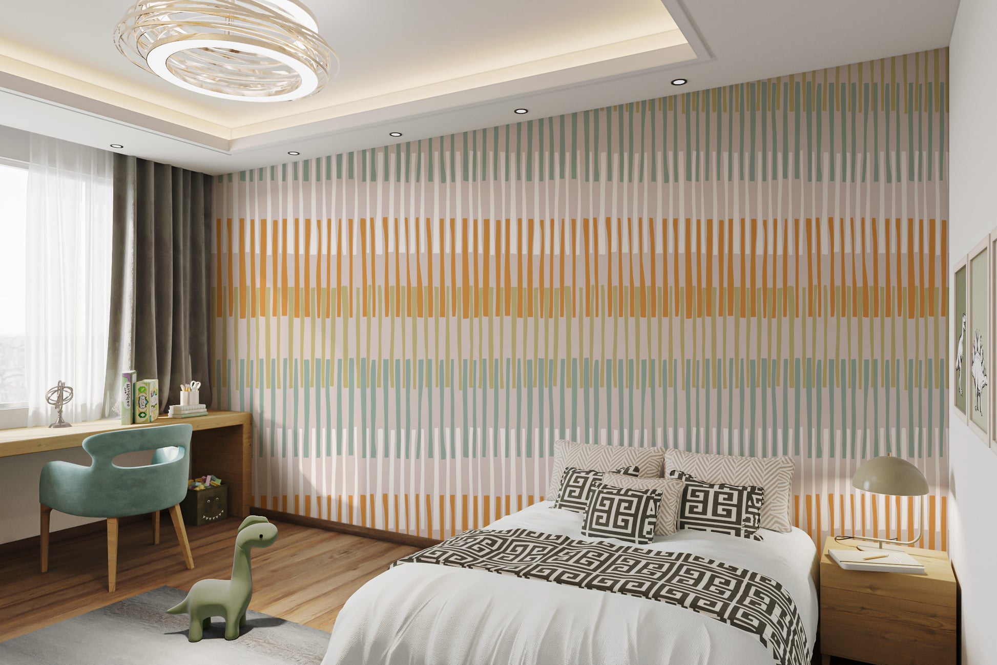 Minimalist Earthy Stripes with Geometric Pattern Mural
