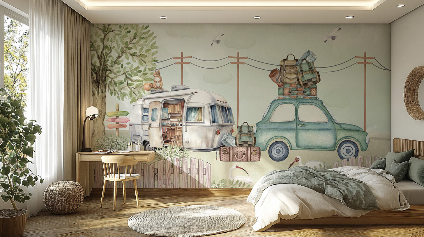 Pastoral Caravanning Scene Wallpaper for kids