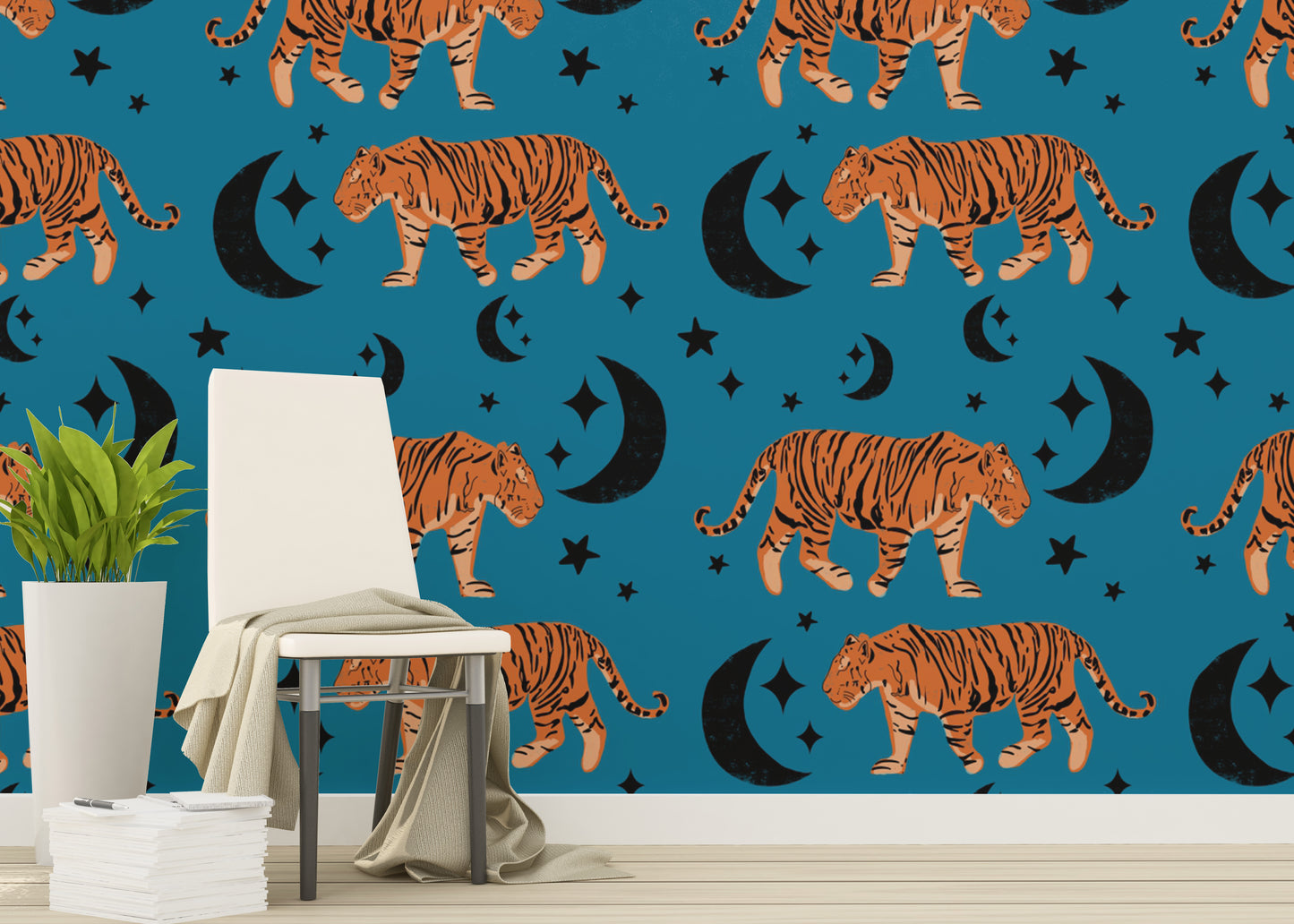 Bright Tiger Moon Blue Kids Room Wallpaper art