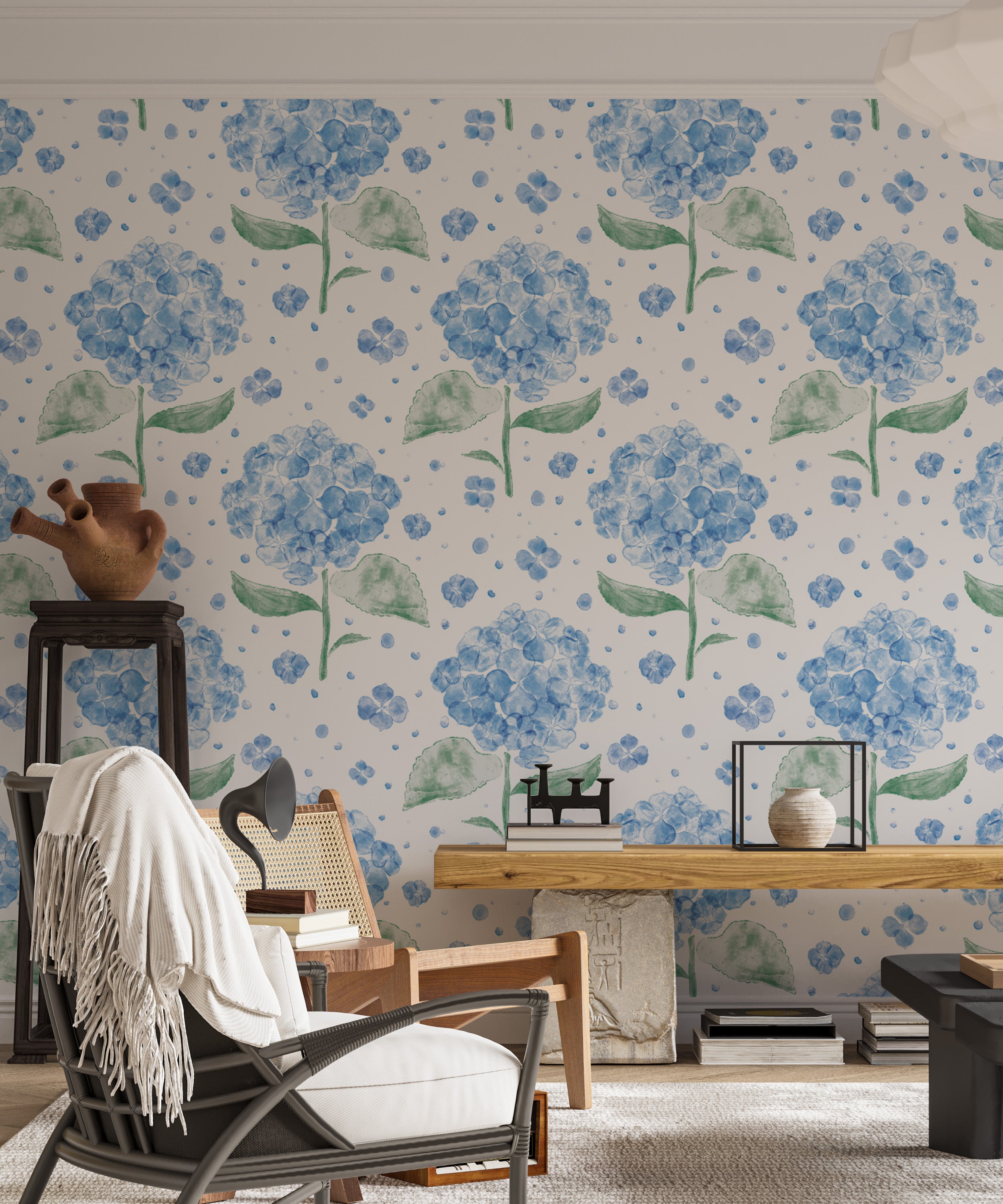 Whimsical blue hydrangea wallpaper for a dreamy, floral touch.
