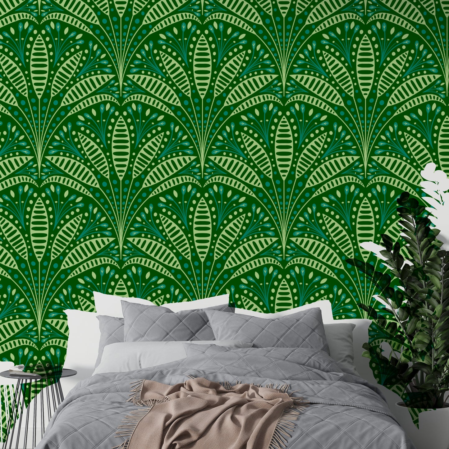 Art Deco-inspired palm wallpaper with lush green leaves.