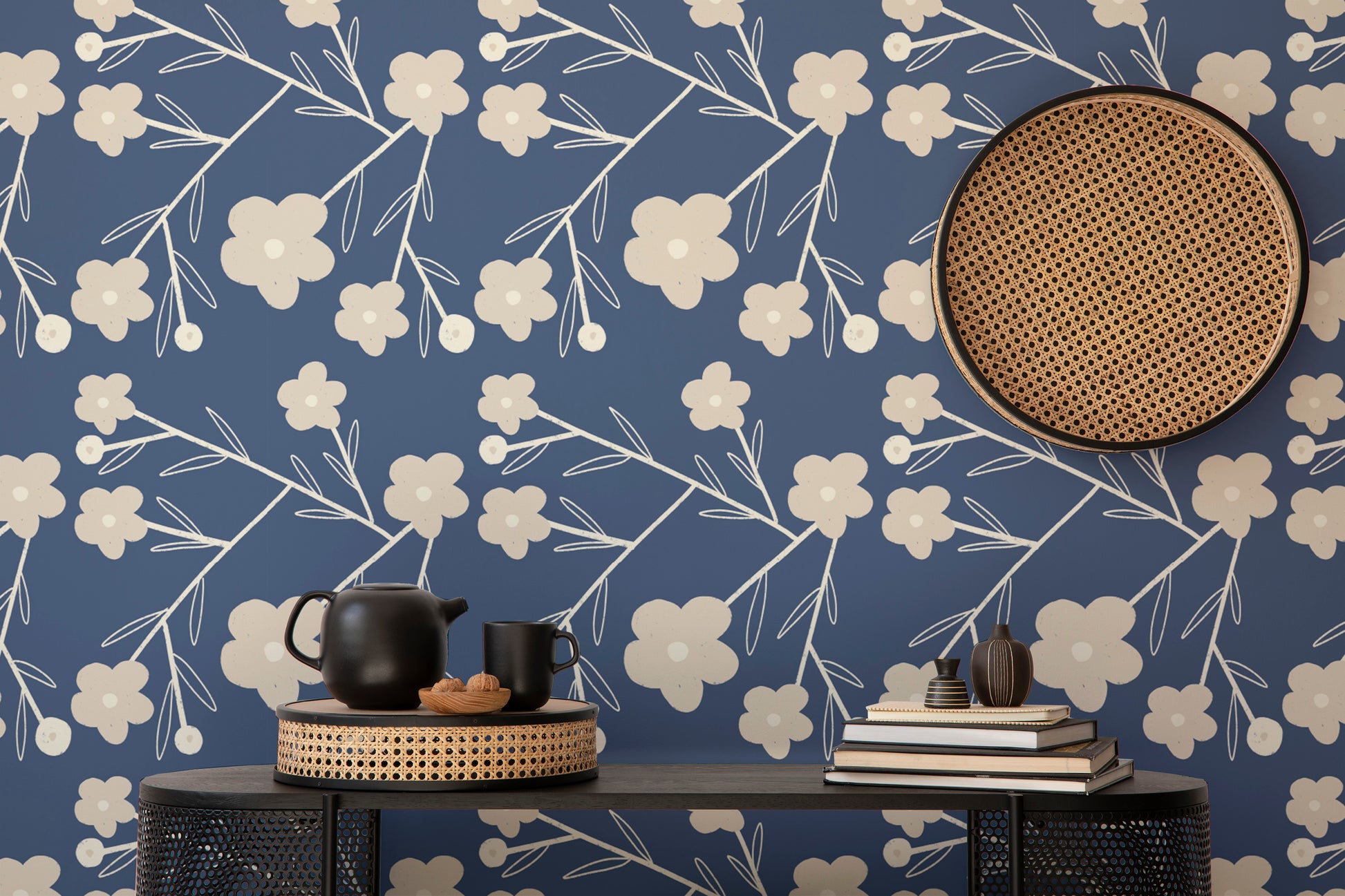 Elegant Navy Blue Modern Flower Buds Bush Wallpaper
