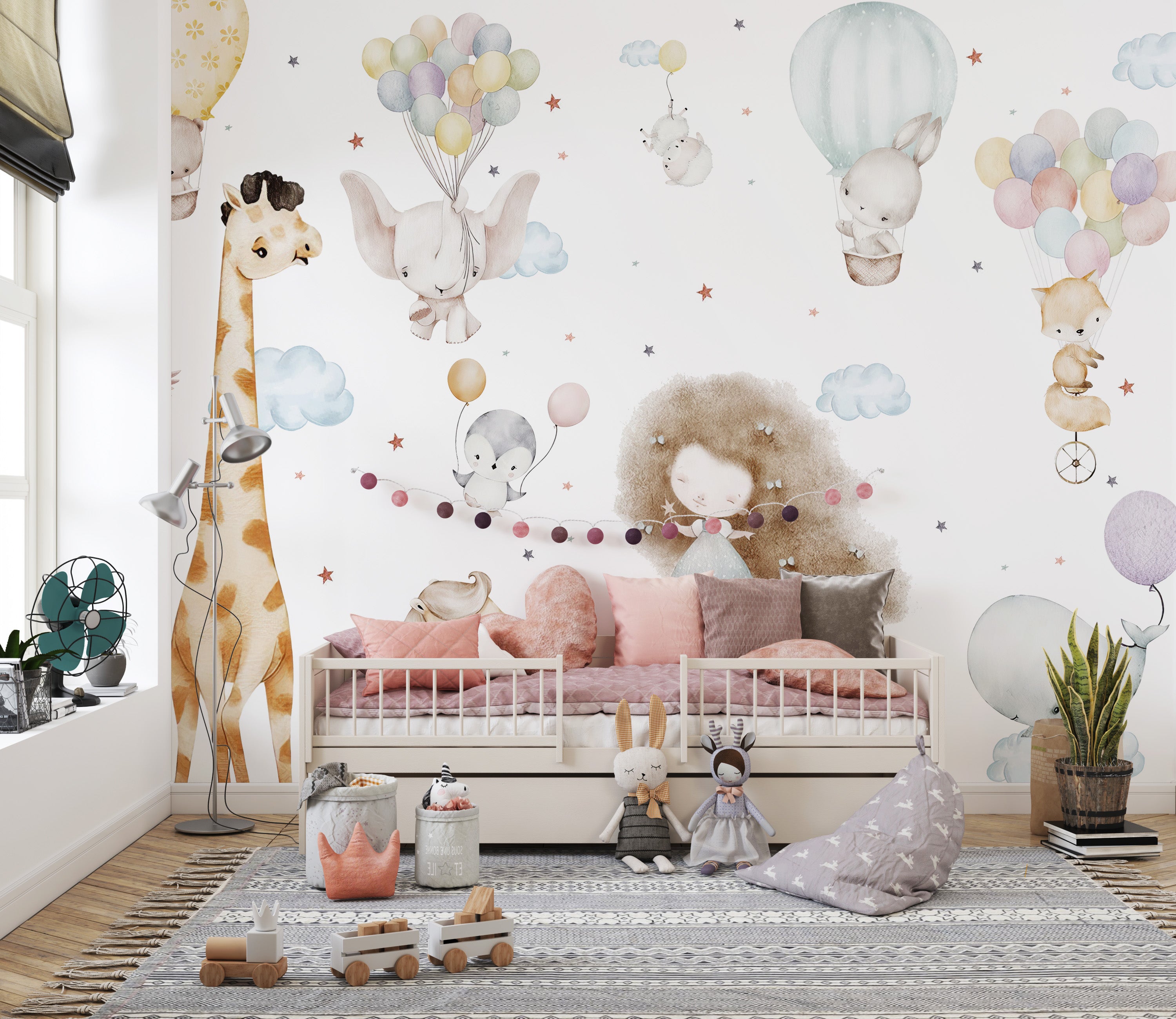 Whimsical cloud wallpaper with playful characters mural art.
