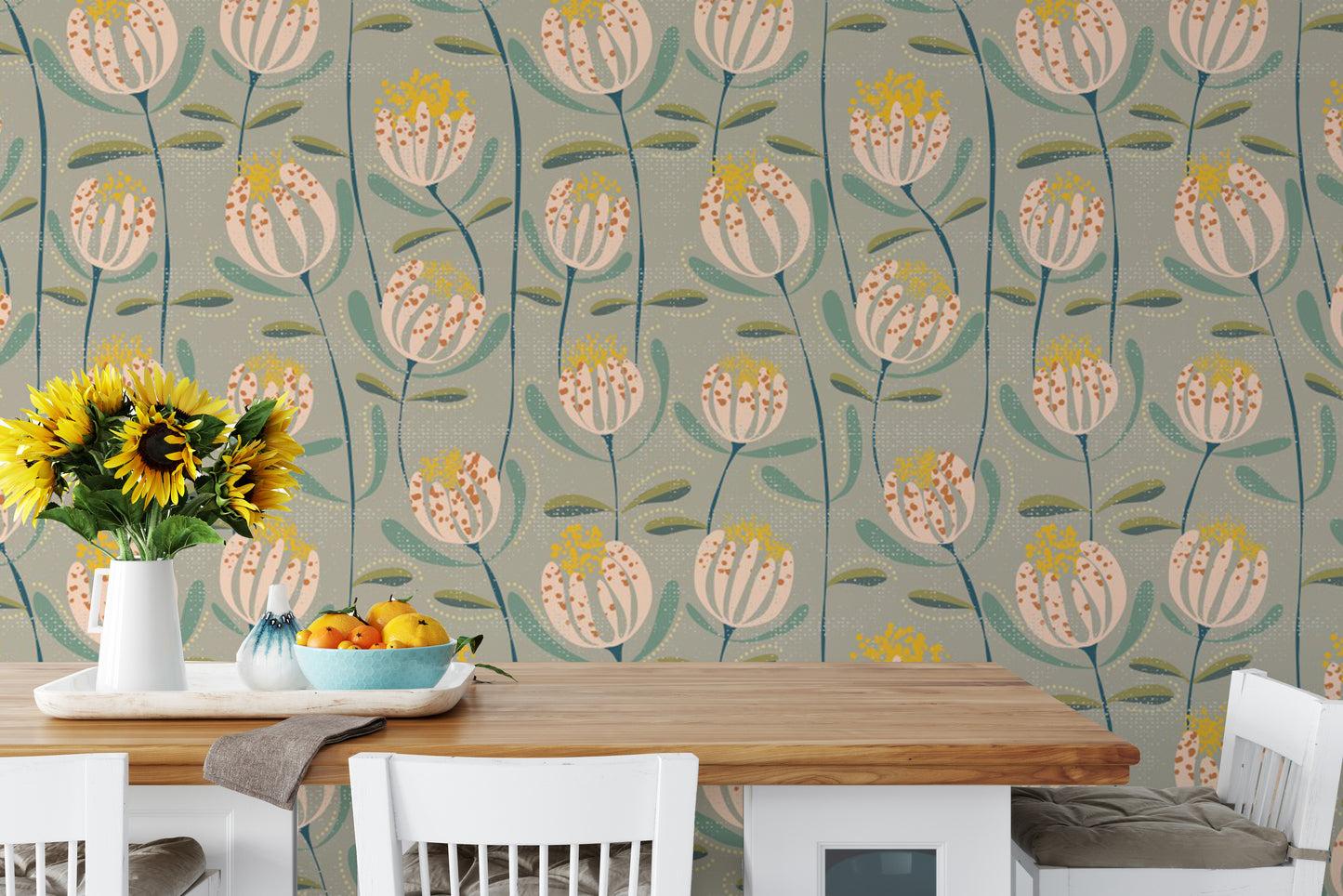 Earthy Skandi-inspired wallpaper with blooming florals