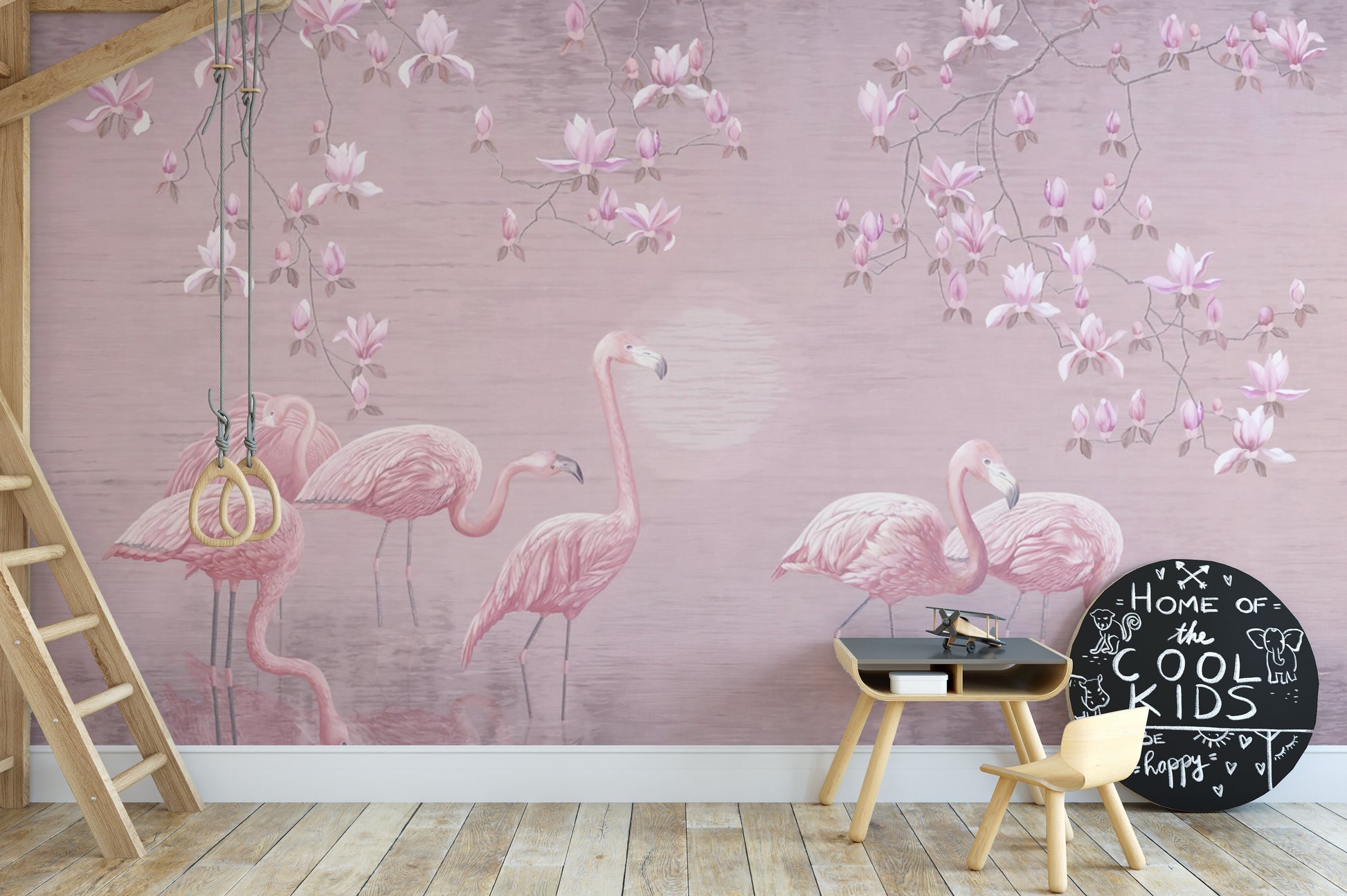 Whimsical flamingo haven wallpaper featuring magnolias