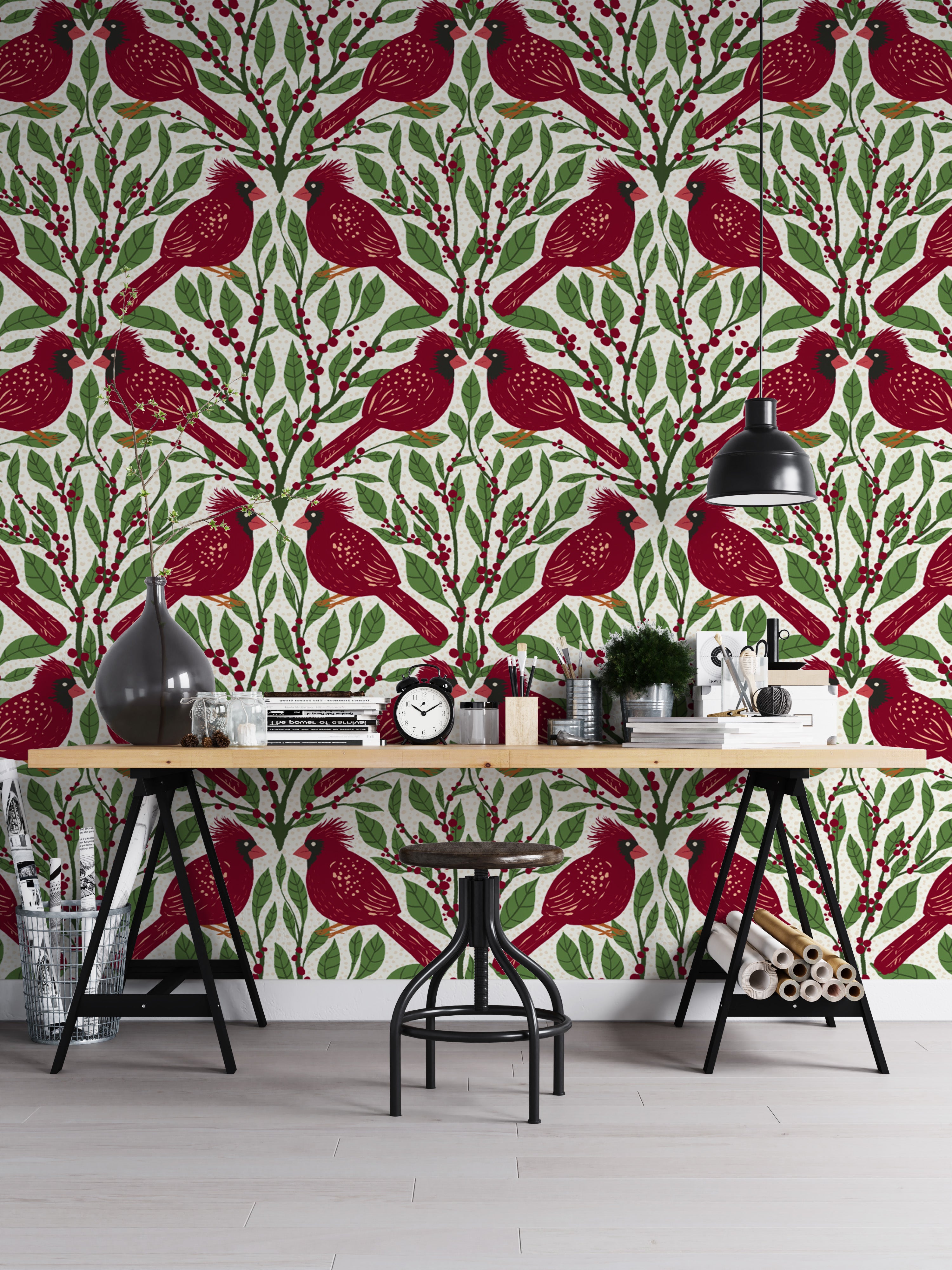 Elegant burgundy red cardinals wallpaper mural for cozy walls.
