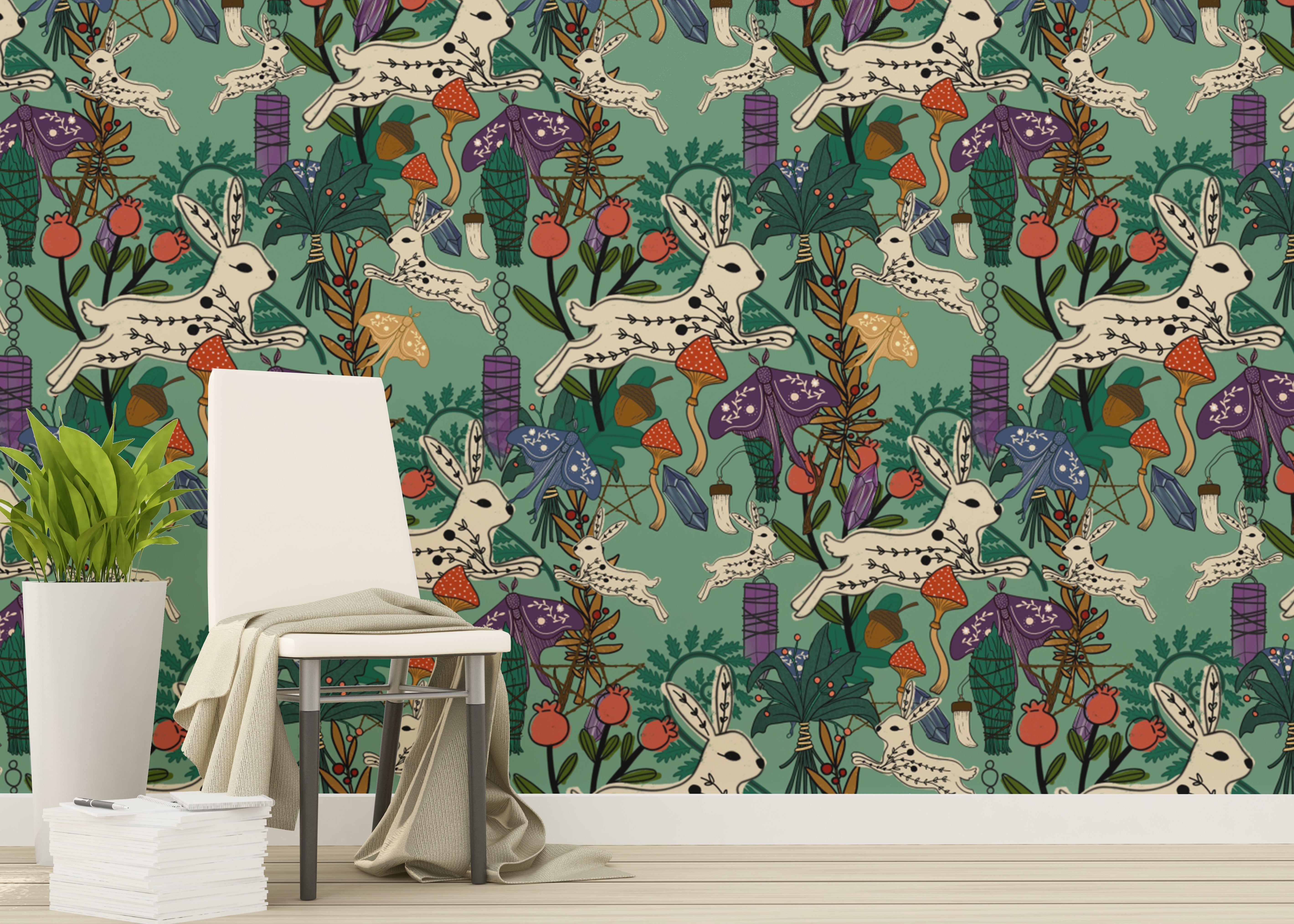 Whimsical forest mural with playful rabbits
