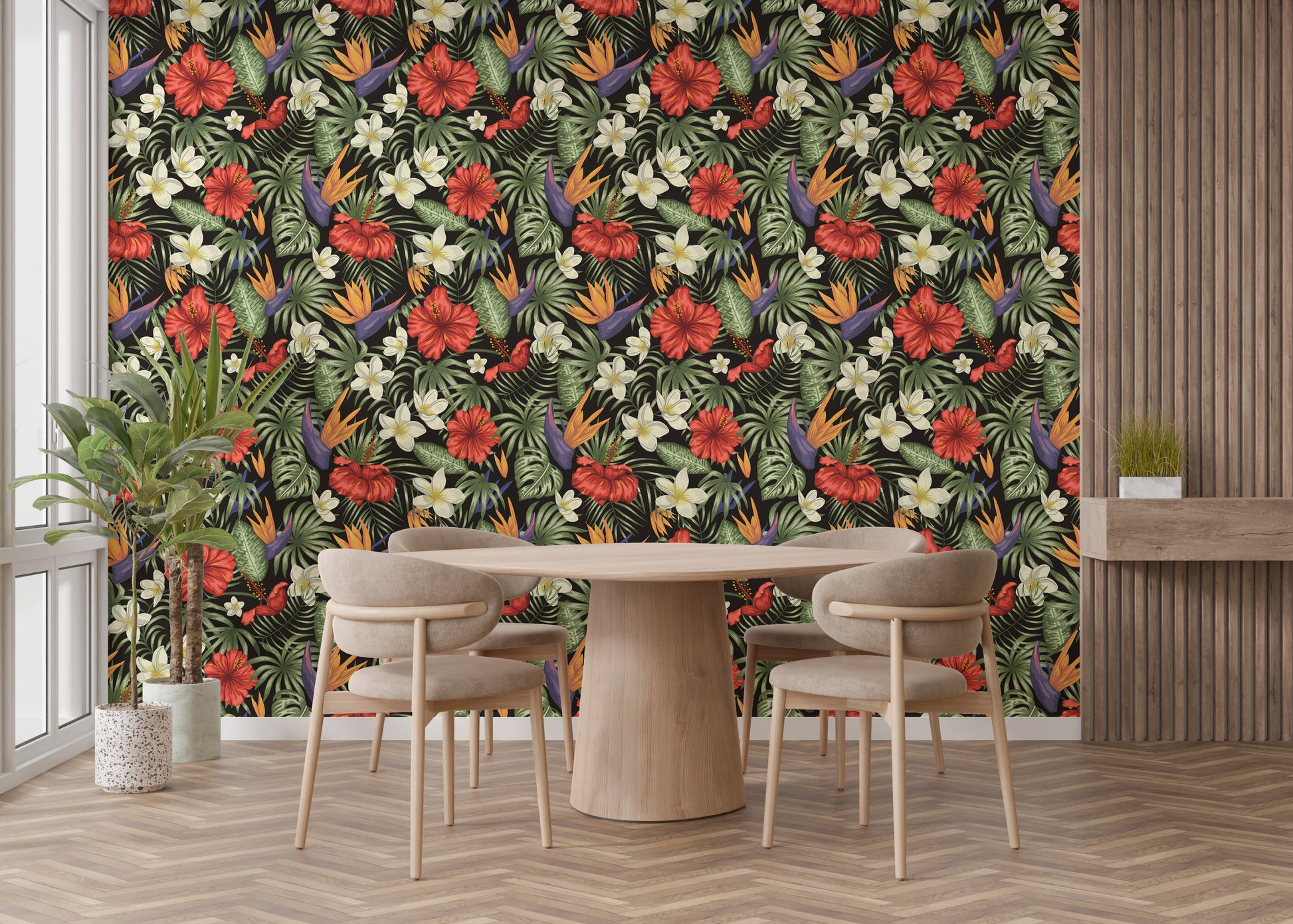 Lush botanical wallpaper with hibiscus flowers
