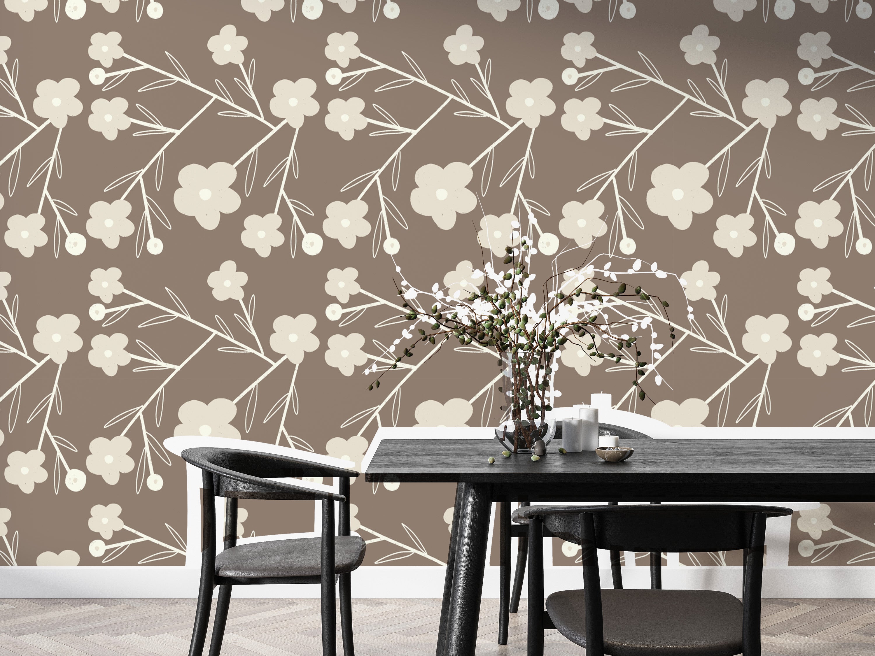 Soft tones in Modern Flower Buds Bush Grey Wallpaper
