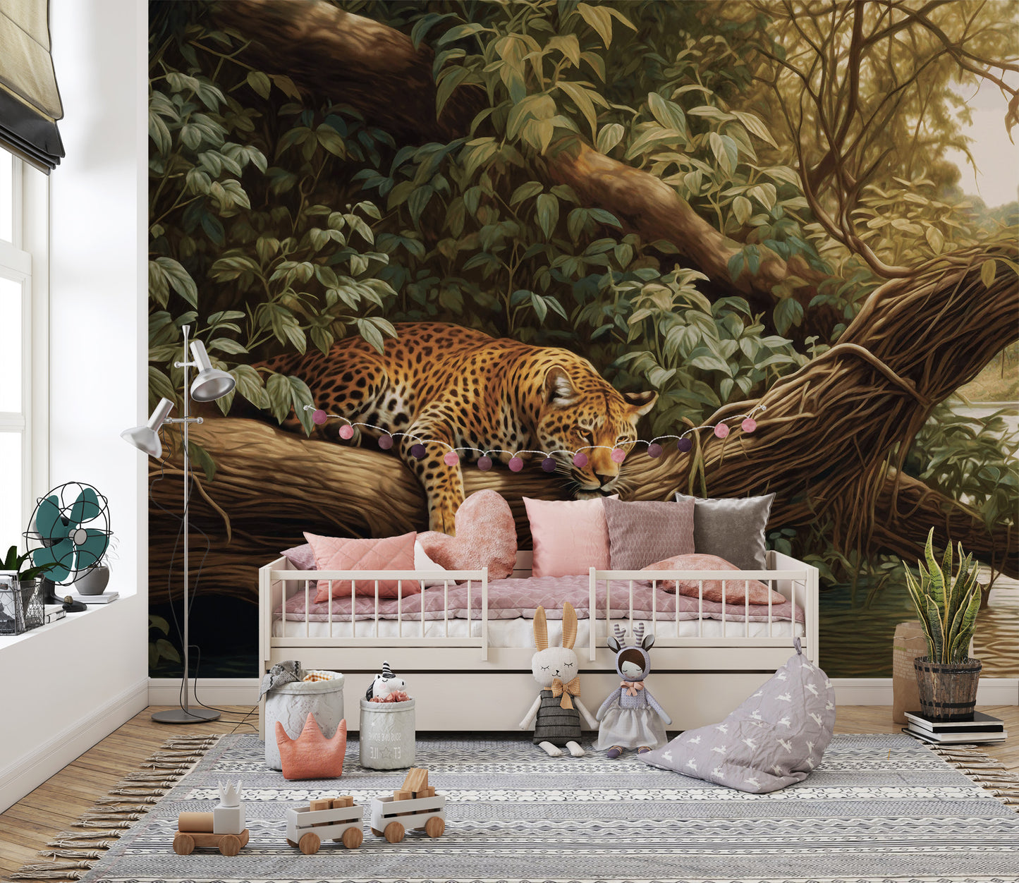 Resting leopard in jungle wallpaper design
