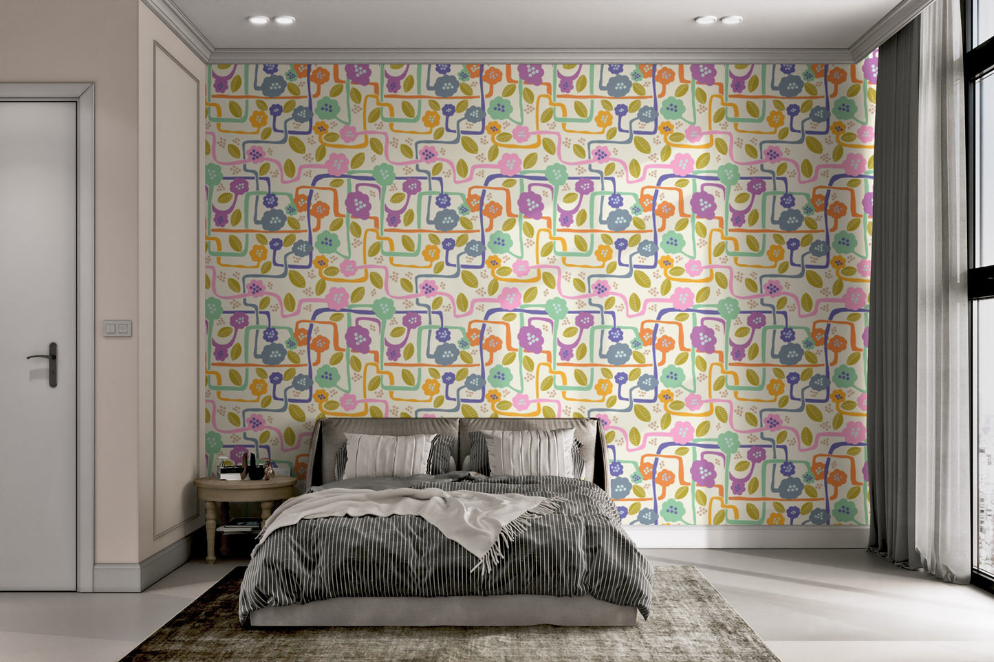 Colorful blooming whimsy wallpaper with intricate flower patterns.
