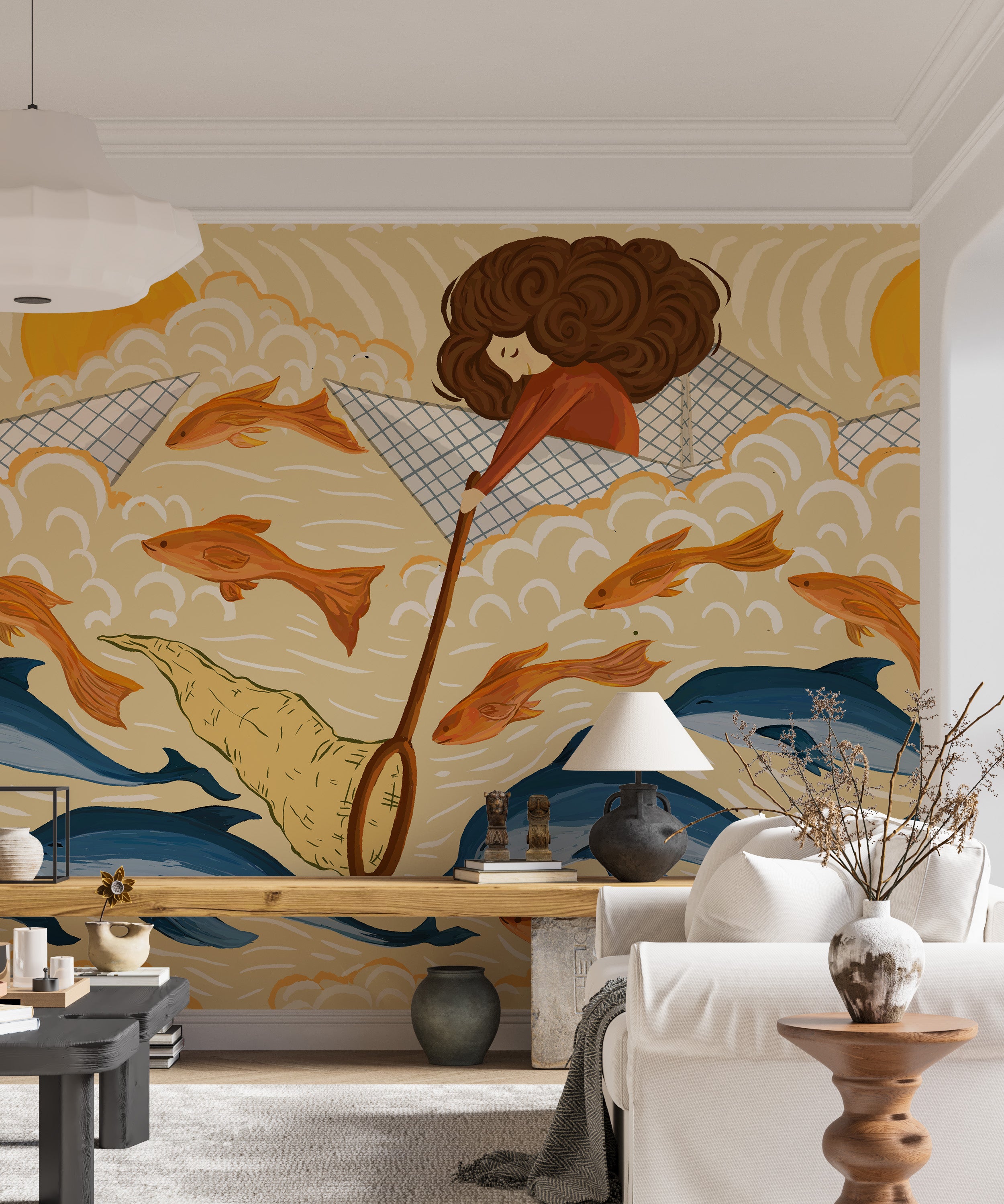 Whimsical chasing dreams mural for dreamers' cozy spaces.
