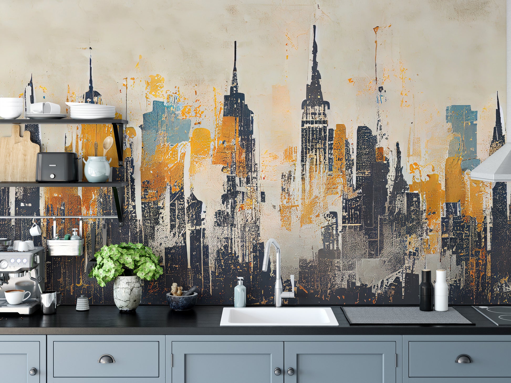 Textured skyline abstract wallpaper for urban-themed decor.