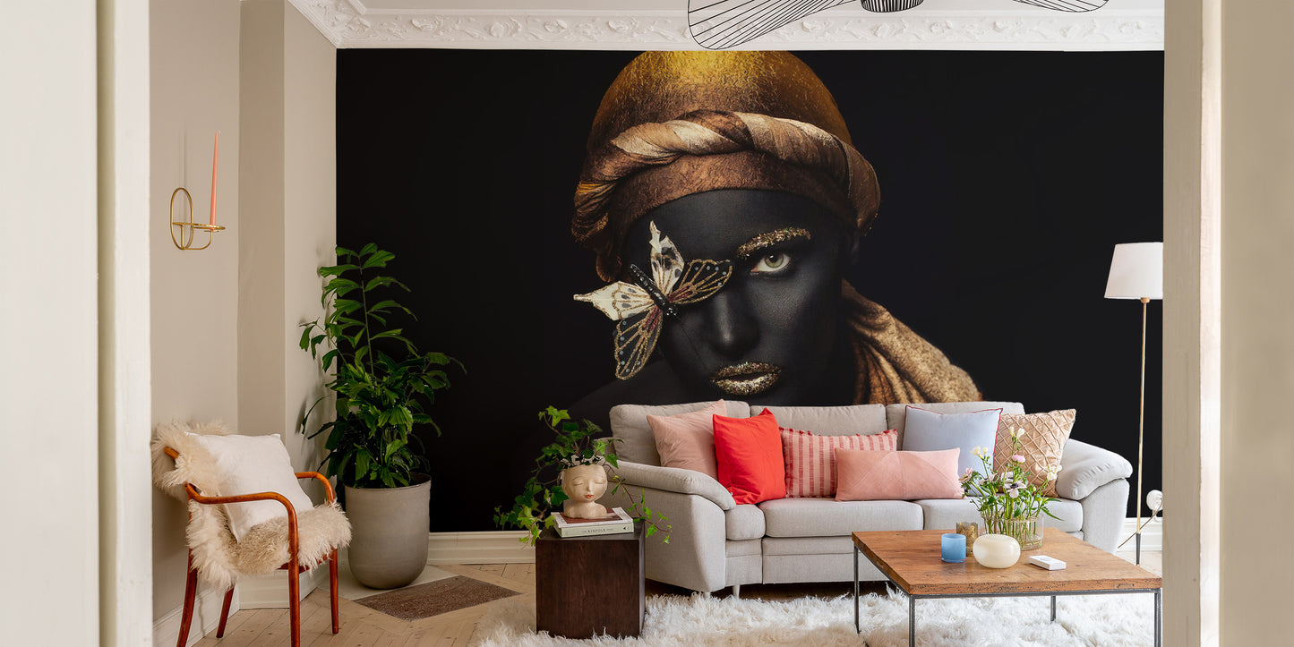 Black women mural wallpaper with shimmering glitter lips.