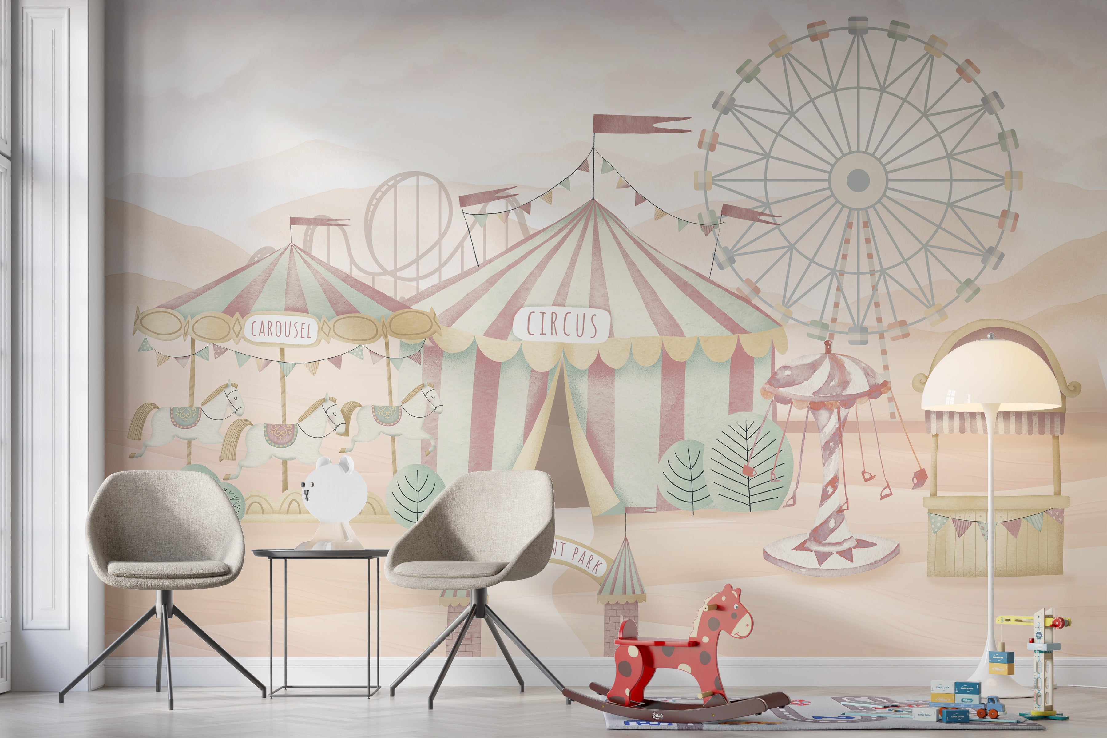 Ferris wheel nursery wallpaper in soft hues
