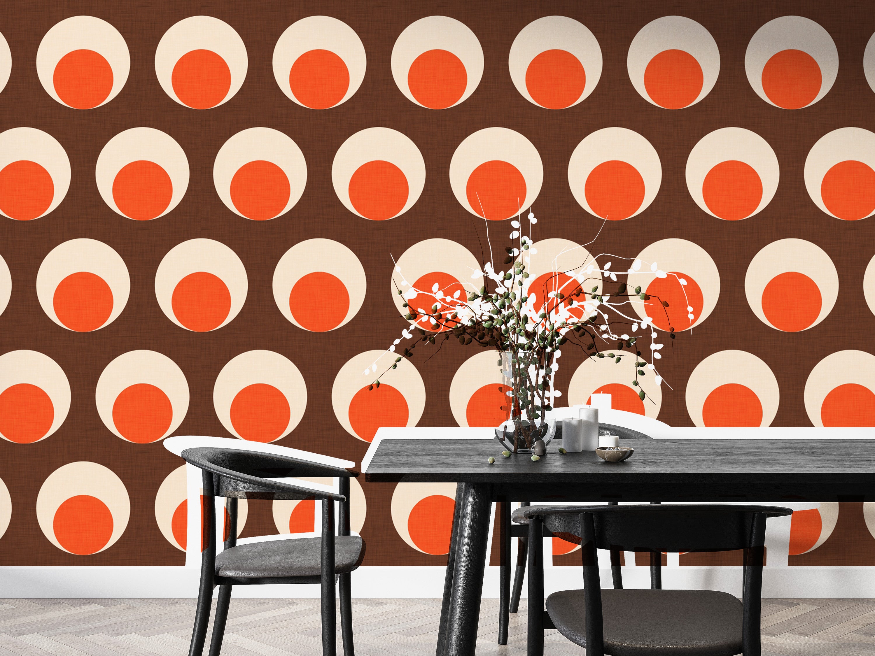 Brown wallpaper with mid-century modern vibes
