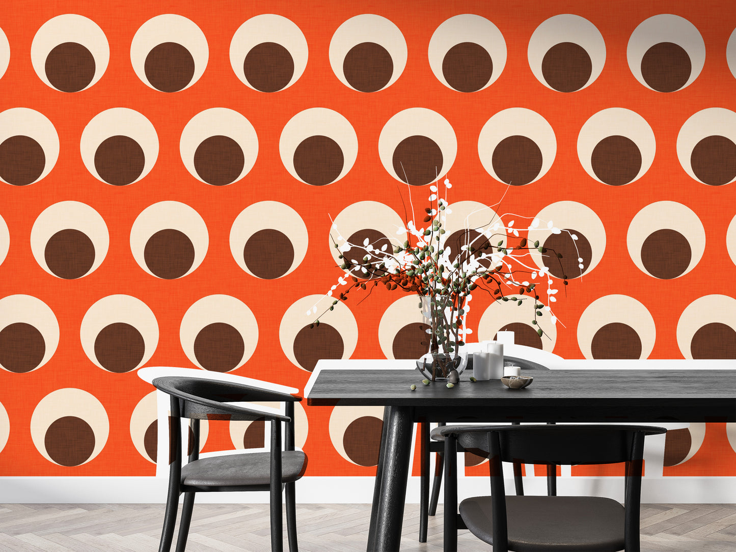 Retro-inspired orange mural with dot patterns
