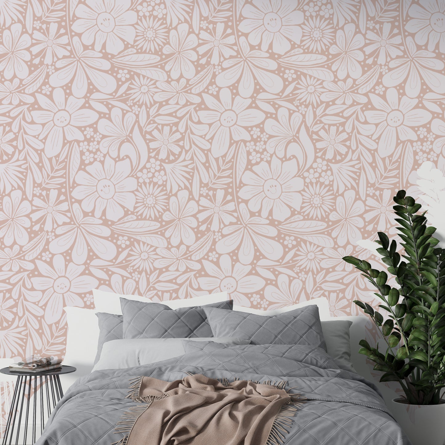 Elegant happy blooms wallpaper in a soothing pastel pink hue.
