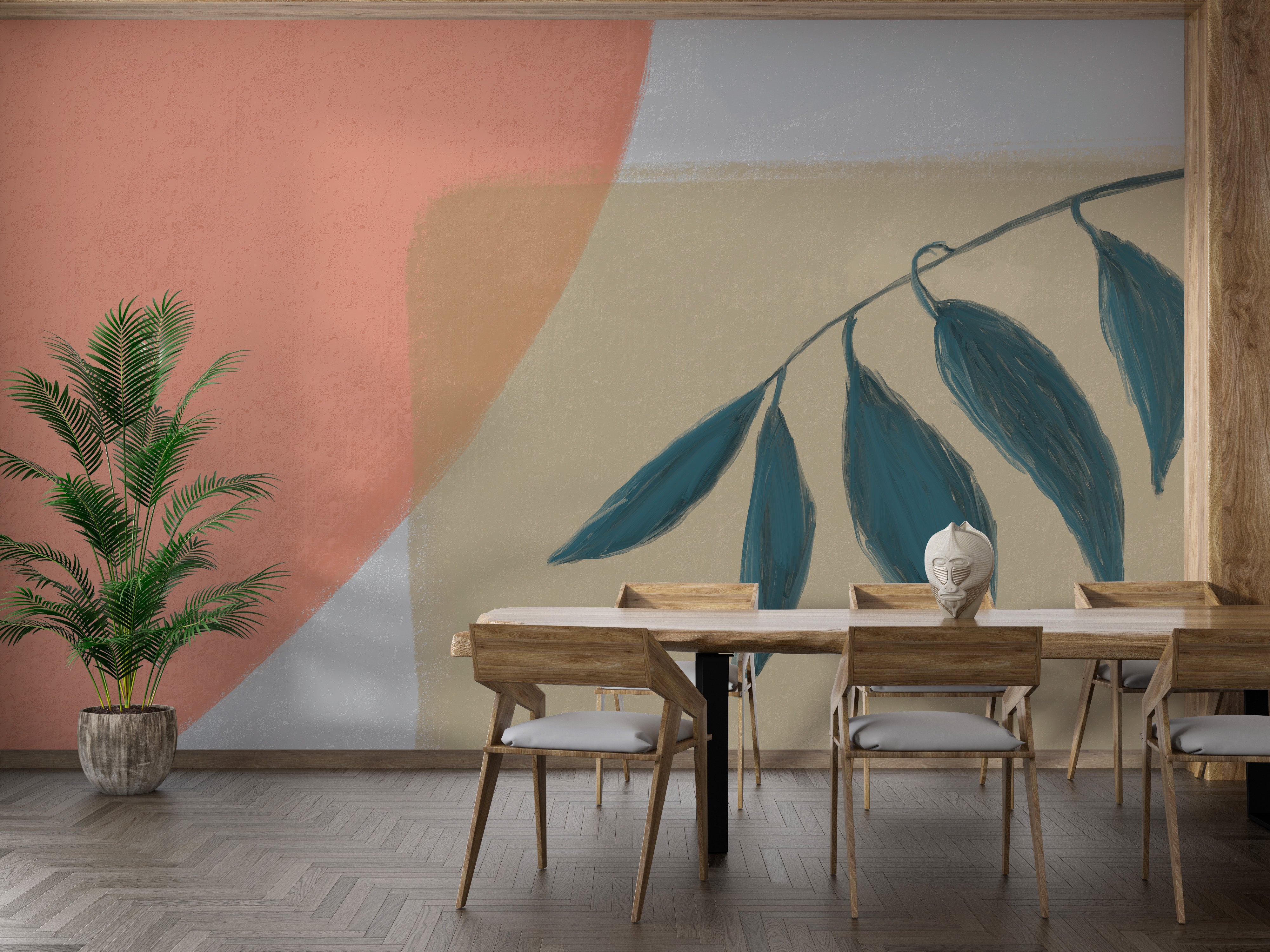 Modern nature-inspired mural with leaf accents