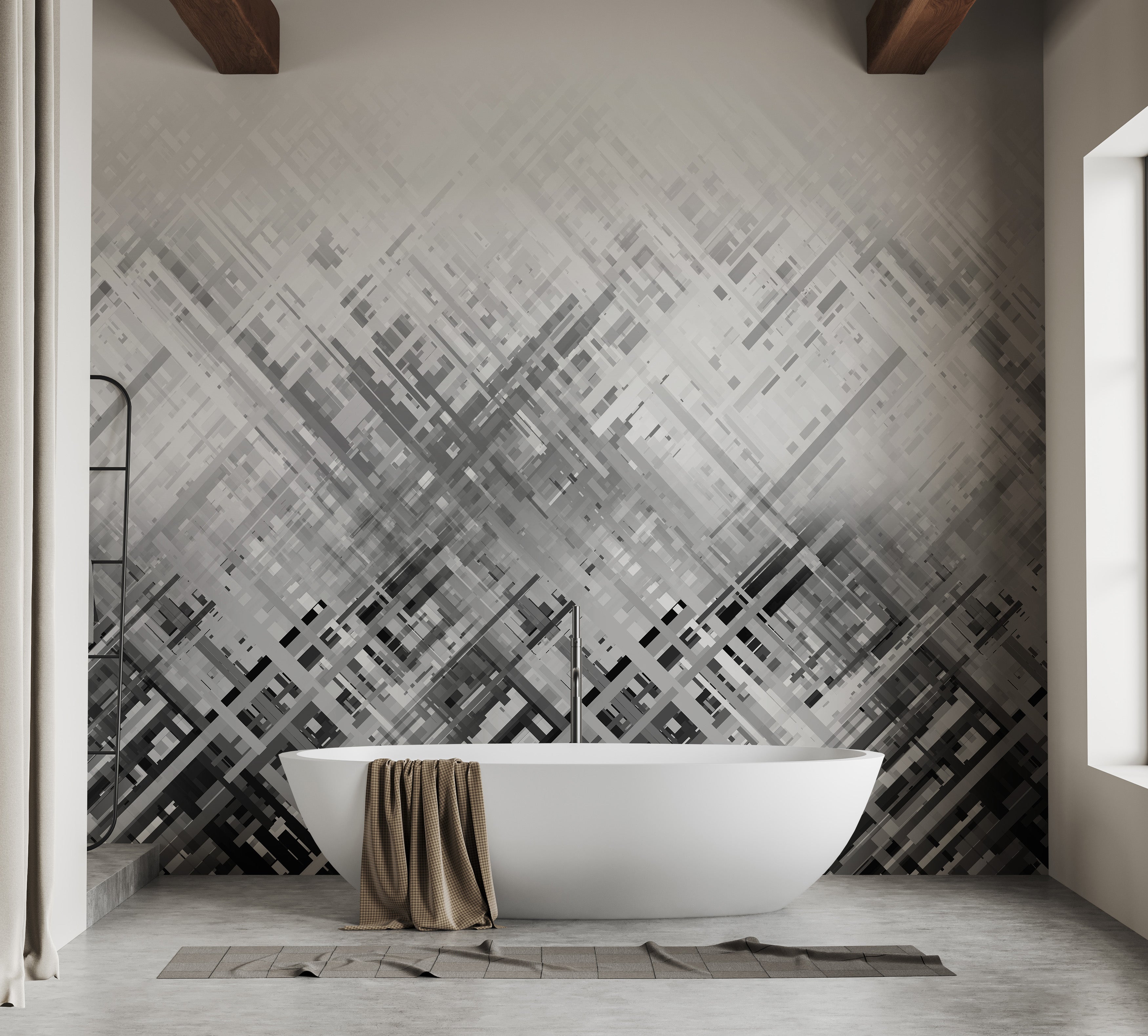 Artistic black and white diagonal lines mural
