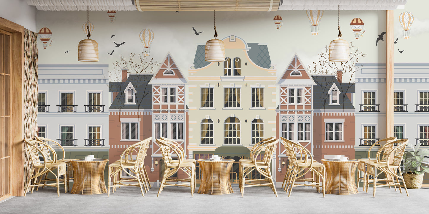 Vintage Townscape Balloons Wall Mural