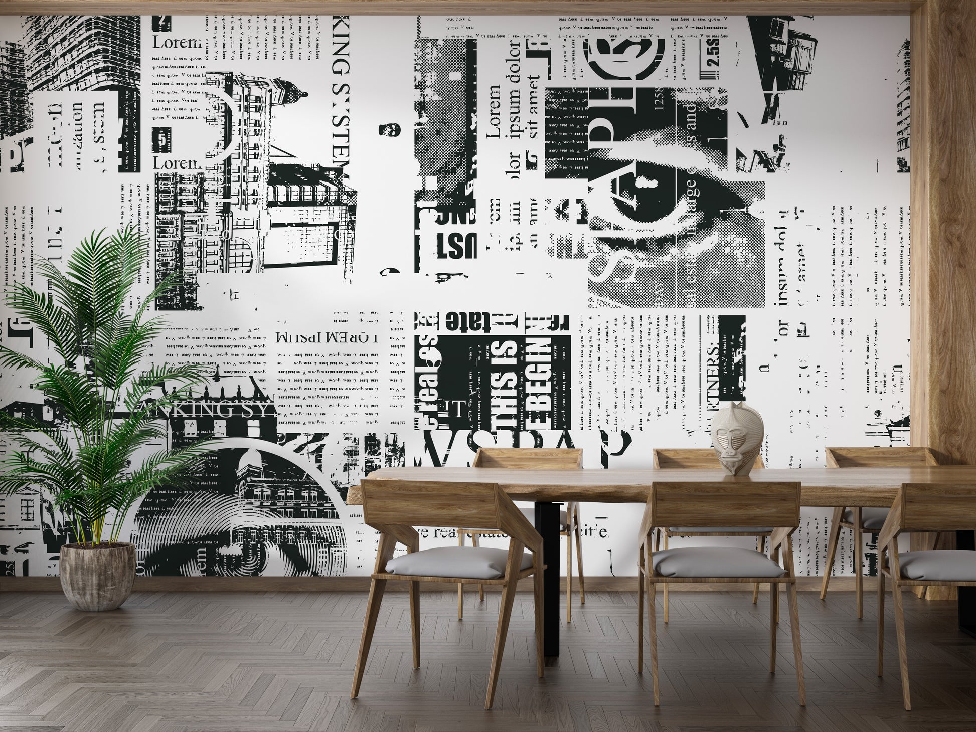 Chic urban newsprint mural for dining room walls
