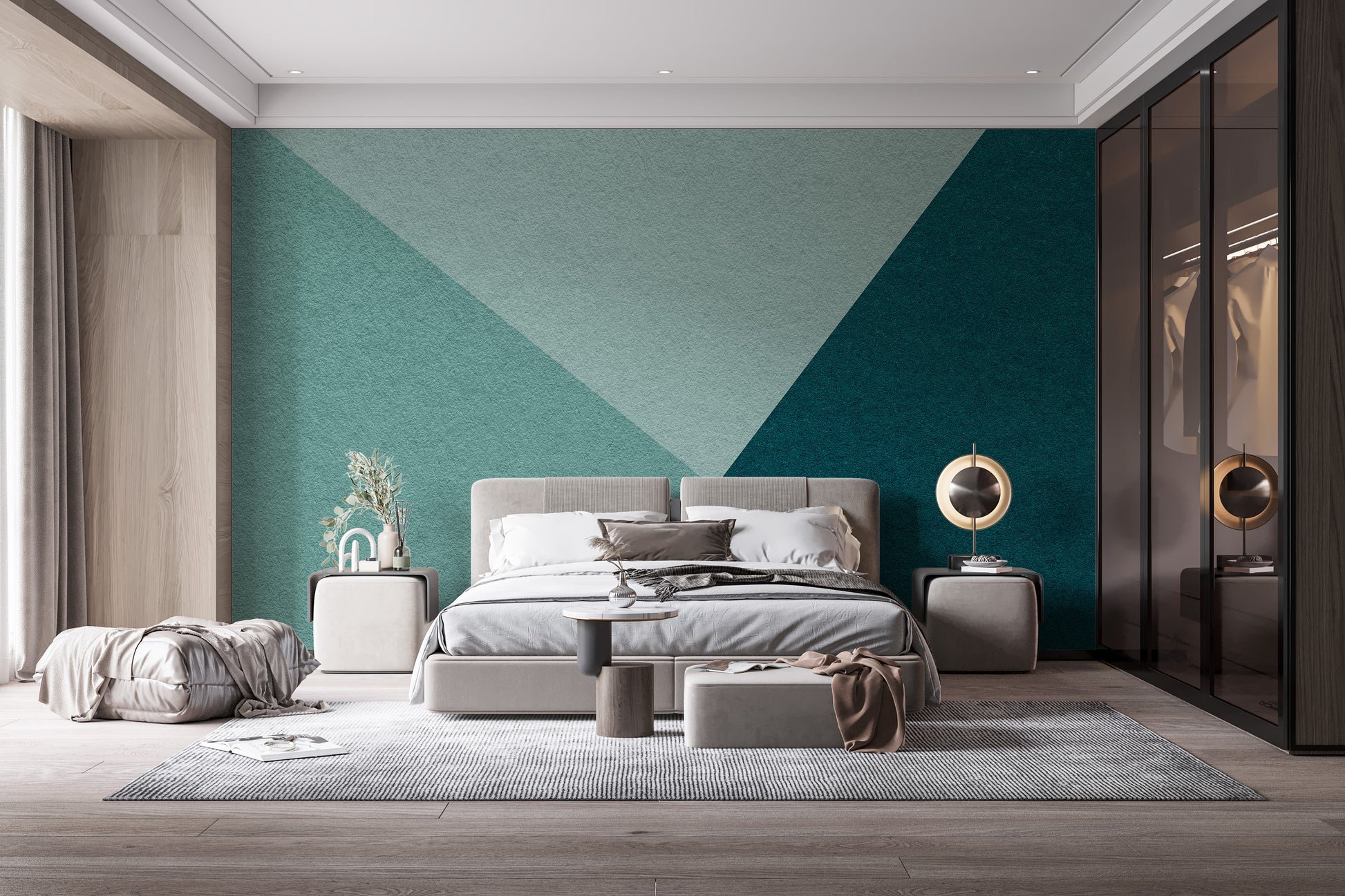 Cyan geometric mural with a modern artistic touch
