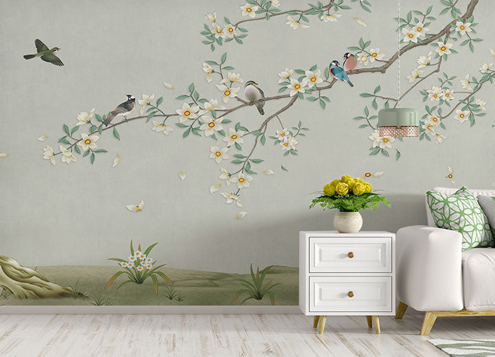 Birds on Branch Green Color Wallpaper Mural