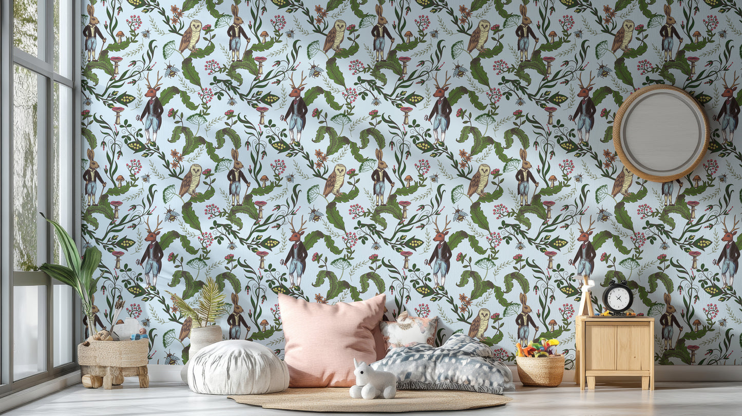 Rabbit and owl green leaves wallpaper
