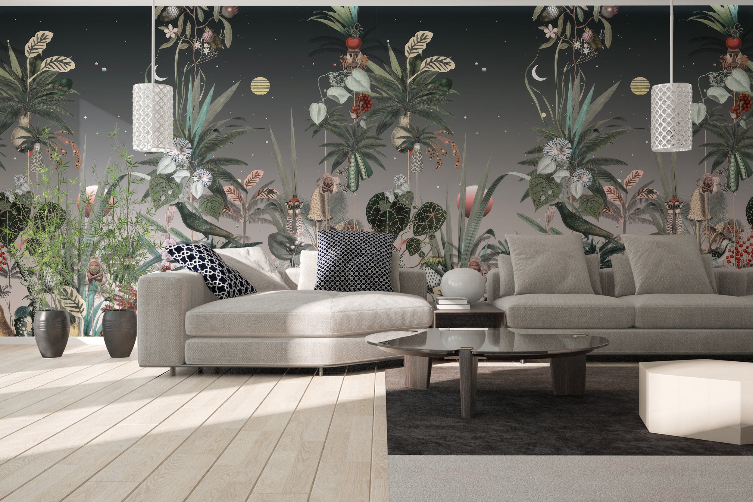 Luxurious botanic wall mural adding charm to a modern living room.