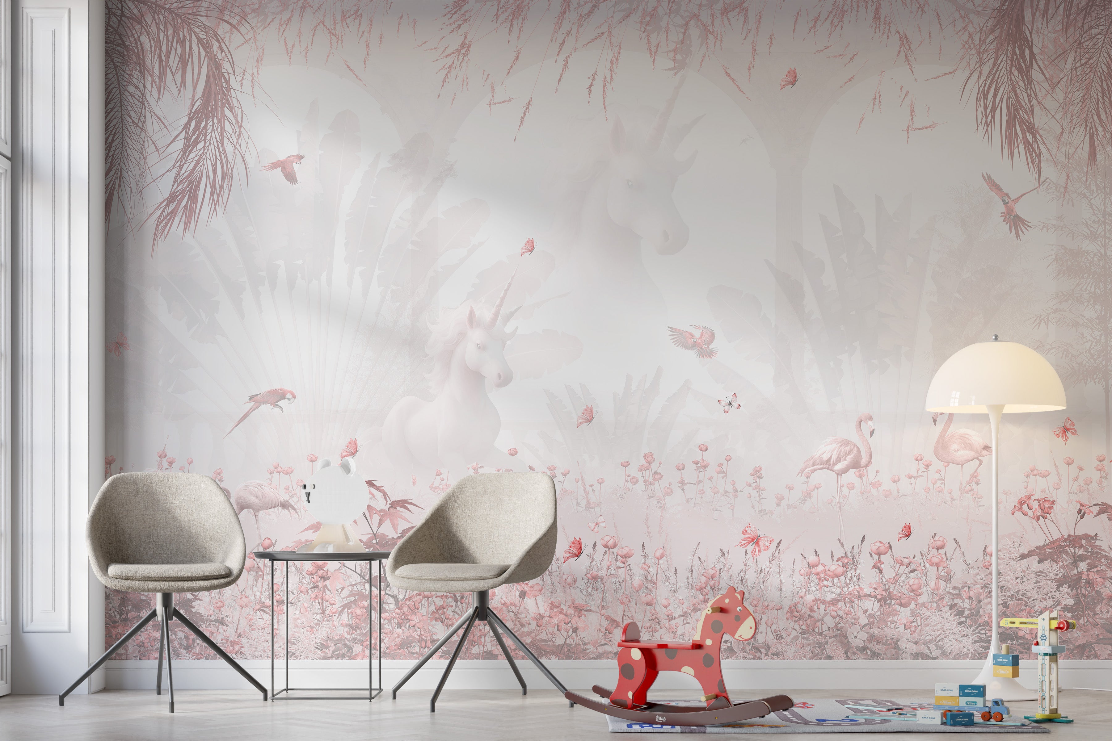 Kids' room unicorn wallpaper: Serenity Blush Forest blush tones