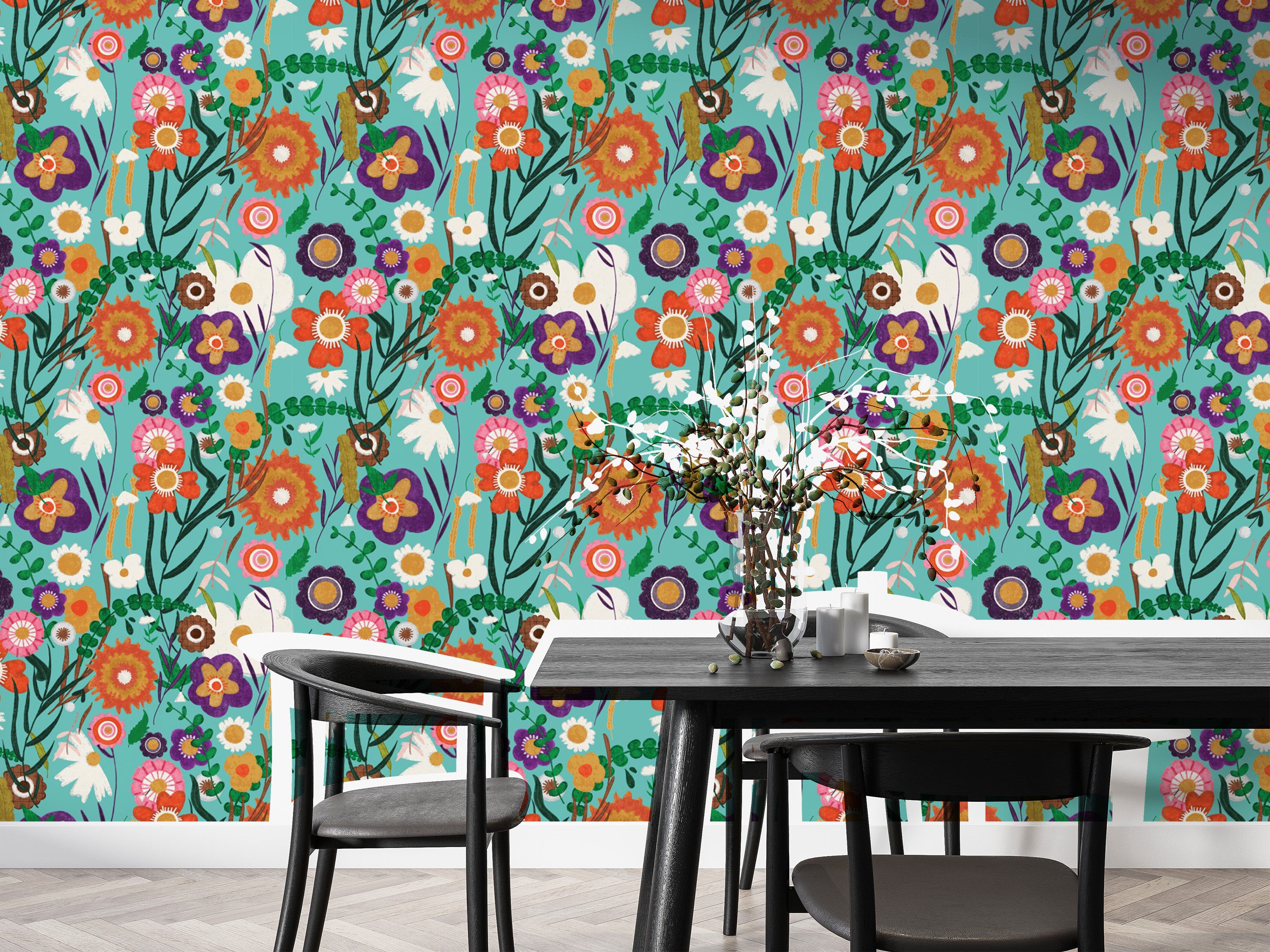 Blue folk floral wallpaper for modern walls
