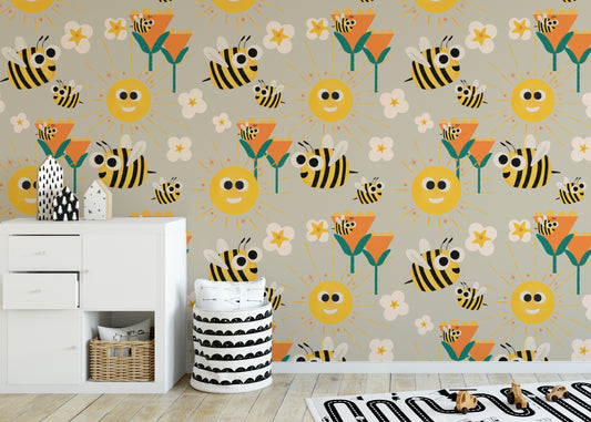 Cheerful bee and sun mural design for walls
