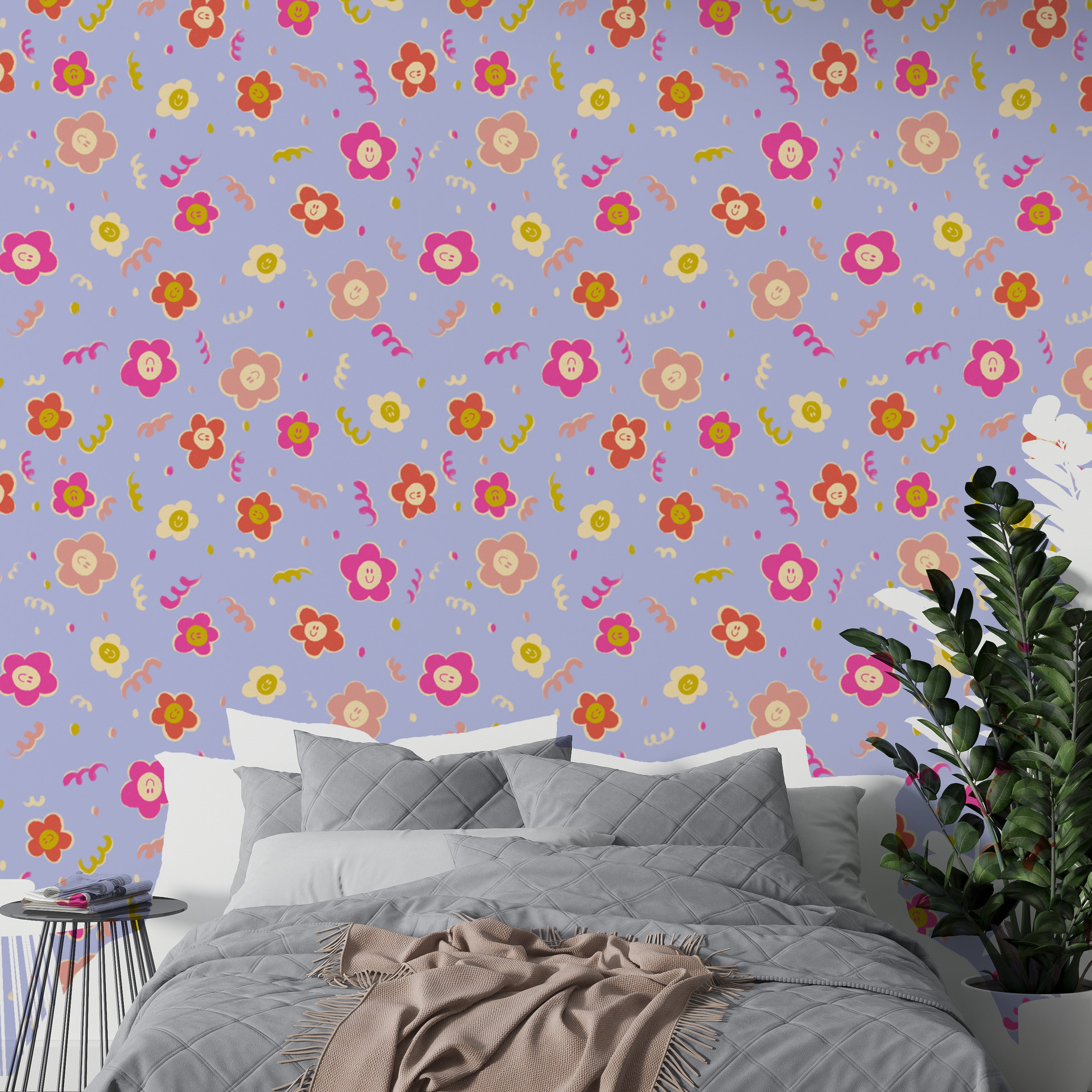 Cheerful smiley blooms wallpaper with playful floral designs.
