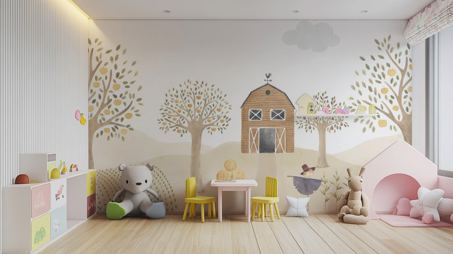 Pastoral pals barnyard wallpaper mural for modern kids' rooms