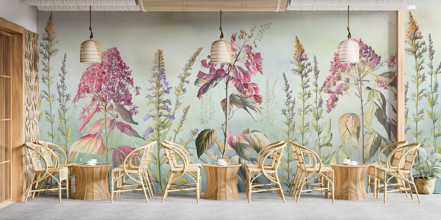 Wild flowers meadows blue wallpaper mural for a peaceful, nature-inspired look.