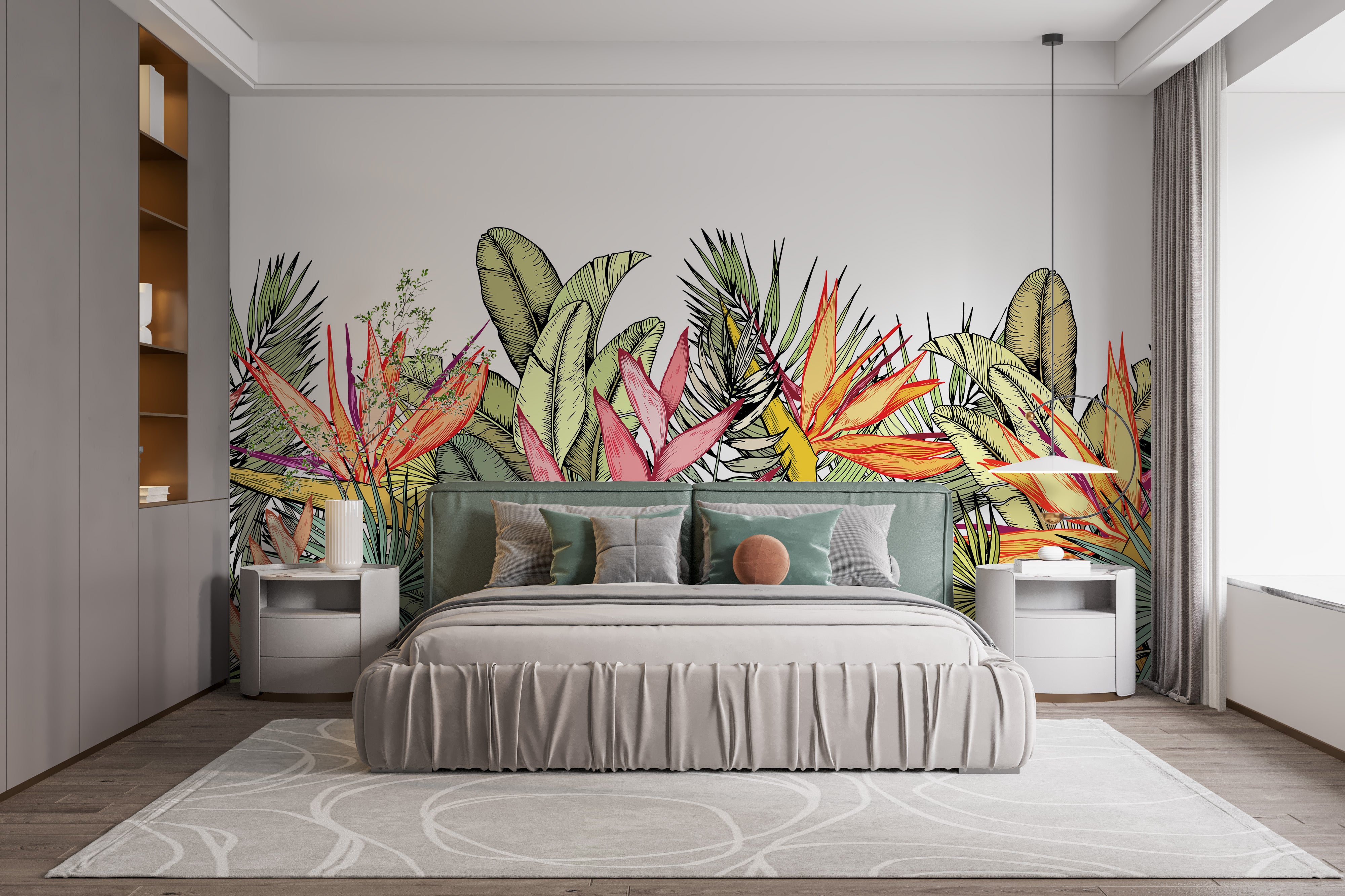 Exotic multicolor leaves and flowers mural
